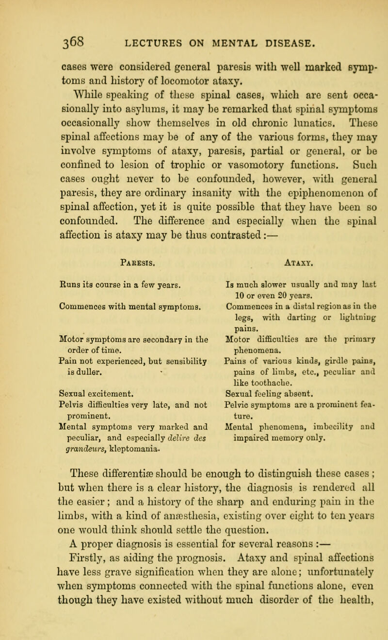 cases were considered general paresis with well marked Bymp- toms and history of locomotor ataxy. While speaking of tliese spinal cases, wliich are sent occa- sionally into asylums, it may be remarked that spinal symptoms occasionall}' show themselves in old chronic lunatics. These spinal affections may be of any of the various forms, they may involve symptoms of ataxy, paresis, partial or general, or be confined to lesion of trophic or vasomotory functions. Such cases ought never to be confounded, however, with general paresis, they are ordinary insanity with the epiphenomenon of spinal affection, yet it is quite possible that they have been so confounded. The difference and especially when the spinal affection is ataxy may be thus contrasted :— Paeesis. Ataxy. Runs its course in a few years. Is much slower usually and may last 10 or even 20 years. Commences with mental symptoms. Commences in a distal region as in the legs, with darting or lightning pains. Motor symptoms are secondary in the Motor difficulties are the primary order of time. phenomena. Pain not experienced, but sensibility Pains of various kinds, girdle pains, is duller. • pains of limbs, etc., peculiar and like toothache. Sexual excitement. Sexual feeling absent. Pelvis difficulties very late, and not Pelvic symptoms are a prominent fea- prominent. ture. Mental symptoms very marked and Mental phenomena, imbecility and peculiar, and especially delire des impaired memory only. grandeurs, kleptomania. These differentia? should be enough to distinguish these cases ; but when there is a clear history, the diagnosis is rendered all the easier ; and a history of the sharp and enduring pain in the limbs, with a kind of anaisthcsia, existing over eight to ten years one would think should settle the question. A proper diagnosis is essential for several reasons :— Firstly, as aiding the prognosis. Ataxy and spinal affections have less grave signification when they are alone; unfortunately when symptoms connected with the spinal functions alone, even though they have existed without much disorder of the health,
