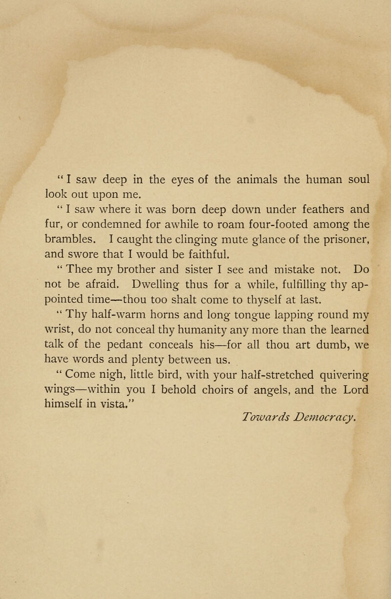  I saw deep in the eyes of the animals the human soul look out upon me.  I saw where it was born deep down under feathers and fur, or condemned for awhile to roam four-footed among the brambles. I caught the clinging mute glance of the prisoner, and swore that I would be faithful.  Thee my brother and sister I see and mistake not. Do not be afraid. Dwelling thus for a while, fulfilling thy ap- pointed time—thou too shalt come to thyself at last.  Thy half-warm horns and long tongue lapping round my wrist, do not conceal thy humanity any more than the learned talk of the pedant conceals his—for all thou art dumb, we have words and plenty between us.  Come nigh, little bird, with your half-stretched quivering wings—within you I behold choirs of angels, and the Lord himself in vista. Towards Deinocracy.