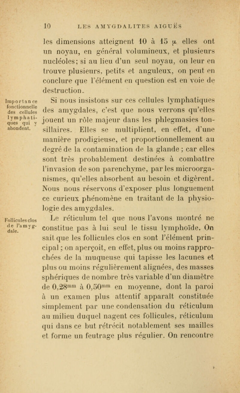 les dimensions atteignent 10 à 15 [x elles ont un noyau, en général volumineux, et plusieurs nucléoles; si au lieu d'un seul noyau, on leur en trouve plusieurs, petits et anguleux, on peut en conclure que l'élément en question est en voie de destruction. Importance Si uous iusistons sur CCS ccUules lymphatiques des^'œiruiès fies amygdales, c'est que nous verrons qu'elles ineT^mVv joueut uu rùlc majeur dans les phlegmasies ton- abondent. sillaircs. Ellcs sc multiplient, en effet, d'une manière prodigieuse, et proportionnellement au degré de la contamination de la glande ; car elles sont très probablement destinées à combattre l'invasion de son parenchyme, par les microorga- nismes, qu'elles absorbent au besoin et digèrent. Nous nous réservons d'exposer plus longuement ce curieux phénomène en traitant de la physio- logie des amygdales. Le réticulum tel que nous l'avons montré ne constitue pas à lui seul le tissu lymphoïde. On sait que les follicules clos en sont l'élément prin- cipal ; on aperçoit, en effet, plus ou moins rappro- chées de la muqueuse qui tapisse les lacunes et plus ou moins régulièrement alignées, des masses sphériques de nombre très variable d'un diamètre de 0,28»» à 0,50 en moyenne, dont la paroi à un examen plus attentif apparaît constituée simplement par une condensation du réticulum au milieu duquel nagent ces follicules, réticulum qui dans ce but rétrécit notablement ses mailles et forme un feutrage plus régulier. On rencontre Follicules clos de l'amyg- dale.