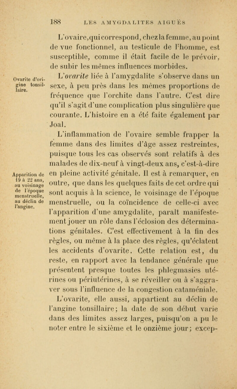 Ovarile d'ori- gine tonsil- laire. Apparition de 19 à 22 ans, au voisinage de l'époque menstruelle, au déclin de l'angine. L'ovaire,qui correspond, chezlca femme, au point de vue fonctionnel, au testicule de l'homme, est susceptible, comme il était facile de le prévoir, de subir les mêmes influences morbides. Vovarite liée à l'amygdalite s'observe dans un sexe, à peu près dans les mêmes proportions de fréquence que l'orchite dans l'autre. C'est dire qu'il s'agit d'une complication plus singulière que courante. L'histoire en a été faite également par Joal. L'inflammation de l'ovaire semble frapper la femme dans des limites d'âge assez restreintes, puisque tous les cas observés sont relatifs à des malades de dix-neuf à vingt-deux ans, c'est-à-dire en pleine activité génitale. Il est à remarquer, en outre, que dans les quelques faits de cet ordre qui sont acquis à la science, le voisinage de l'époque menstruelle, ou la coïncidence de celle-ci avec l'apparition d'une amygdalite, paraît manifeste- ment jouer un rôle dans l'éclosion des détermina- tions génitales. C'est eff'ectivement à la fln des règles, ou môme à la place des règles, qu'éclatent les accidents d'ovarite. Cette relation est, du reste, en rapport avec la tendance générale que présentent presque toutes les phlegmasies uté- rines ou périutérines, à se réveiller ou à s'aggra- ver sous l'influence de la congestion cataméniale. L'ovarite, elle aussi, appartient au déclin de l'angine tonsillaire; la date de son début varie dans des limites assez larges, puisqu'on a pu le noter entre le sixième et le onzième jour; excep-