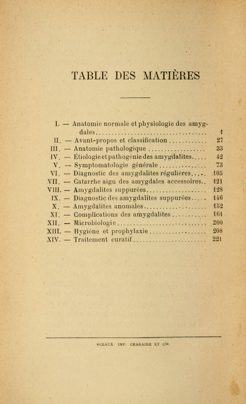 TABLE DES MATIERES I. — Anatomie normale et phj^siologie des amyg- dales i II. — Avant-propos et classification 27 III. — Anatomie pathologique 33 IV. — Étiologieetpathogéniedes amygdalites A! V. — Symptomatologie générale 73 VI. — Diagnostic des amygdalites régulières..... lOo VII. — Catarrhe aigu des amygdales accessoires.. 121 VIII. — Amygdalites suppurées 128 IX. — Diagnostic des amygdalites suppurées..... 146 X. — Amygdalites anomales lo2 XI. — Complications des amygdalites ....... 161 XII. — Microbiologie 200 XIII. — Hygiène et prophylaxie 208 XIV. — Traitement curatif 221 SCLAUX IMI'. CHAUAIIIE ET C'e.