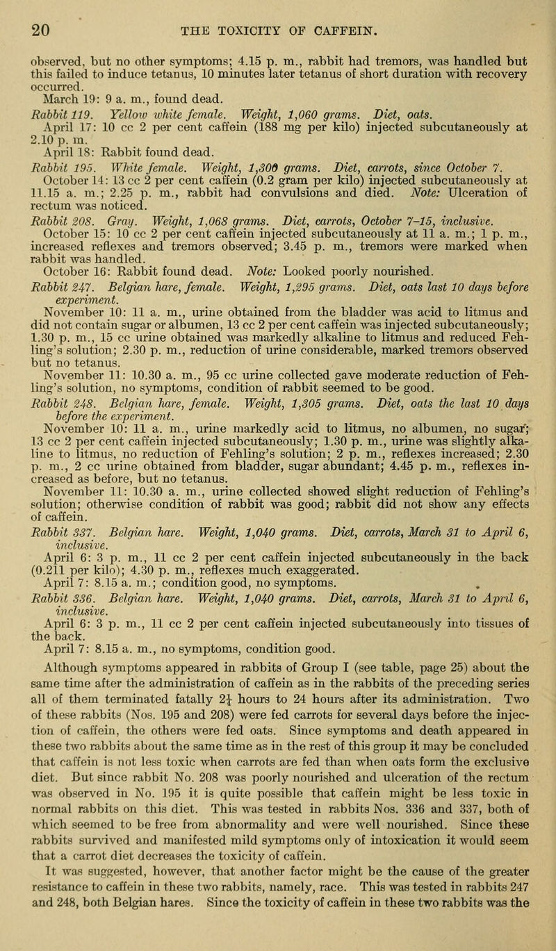 observed, but no other symptoms; 4.15 p. m., rabbit had tremors, was handled but this failed to induce tetanus, 10 minutes later tetanus of short duration with recovery occuri'ed. March 19: 9 a. m., found dead. Rabbit 119. Yellow ivhite female. Weight, 1,060 grams. Diet, oats. April 17: 10 cc 2 per cent cafferu (188 mg per kilo) injected subcutaneously at 2.10 p. m. April 18: Rabbit found dead. Rabbit 195. White female. Weight, 1,309 grams. Diet, carrots, since October 7. October 14: 13 cc 2 per cent caffein (0.2 gram per kilo) injected subcutaneously at 11.15 a. m.; 2.25 p. m., rabbit had convulsions and died. Note: Ulceration of rectum was noticed. Rabbit 208. Gray. Weight, 1,068 grams. Diet, carrots, October 7-15, inclusive. October 15: 10 cc 2 per cent caffein injected subcutaneously at 11 a. m.; 1 p. m., increased reflexes and tremors observed; 3.45 p. m., tremors were marked when rabbit was handled. October 16: Rabbit found dead. Note: Looked poorly nourished. Rabbit 247. Belgian hare, female. Weight, 1,295 grams. Diet, oats last 10 days before expenment. November 10: 11 a. m., urine obtained from the bladder was acid to litmus and did not contain sugar or albumen, 13 cc 2 per cent caffein was injected subcutaneously; 1.30 p. m., 15 cc urine obtained was markedly alkaline to litmus and reduced Feh- ling's solution; 2.30 p. m., reduction of urine considerable, marked tremors observed but no tetanus. November 11: 10.30 a. m., 95 cc urine collected gave moderate reduction of Feh- ling's solution, no symptoms, condition of rabbit seemed to be good. Rabbit 248. Belgian hare, female. Weight, 1,305 grams. Diet, oats the last 10 days before the experiment. November 10: 11 a. m., urine markedly acid to litmus, no albumen, no sugar; 13 cc 2 per cent caffein injected subcutaneously; 1.30 p. m., urine was slightly alka- line to litmus, no reduction of Fehling's solution; 2 p. m., reflexes increased; 2.30 p. m., 2 cc urine obtained from bladder, sugar abundant; 4.45 p. m., reflexes in- creased as before, but no tetanus. November 11: 10.30 a. m., m'ine collected showed slight reduction of Fehling's solution; otherwise condition of rabbit was good; rabbit did not show any effects of caffein. Rabbit 337. Belgian hare. Weight, 1,040 grams. Diet, carrots, March 31 to April 6, inclusive. April 6: 3 p. m., 11 cc 2 per cent caffein injected subcutaneously in the back (0.211 per kilo); 4.30 p. m., reflexes much exaggerated. April 7: 8.15 a. m.; condition good, no symptoms. , Rabbit 336. Belgian hare. Weight, 1,040 grams. Diet, carrots, March 31 to April 6, inclusive. April 6: 3 p. m., 11 cc 2 per cent caffein injected subcutaneously into tissues of the back. April 7: 8.15 a. m., no symptoms, condition good. Although symptoms appeared in rabbits of Group I (see table, page 25) about the same time after the administration of caffein as in the rabbits of the preceding series all of them terminated fatally 2J hours to 24 hours after its administration. Two of these rabbits (Nos. 195 and 208) were fed carrots for several days before the injec- tion of caffein, the others were fed oats. Since symptoms and death appeared in these two rabbits about the same time as in the rest of this group it may be concluded that caffein is not less toxic when carrots are fed than when oats form the exclusive diet. But since rabbit No. 208 was poorly nourished and ulceration of the rectum was observed in No. 195 it is quite possible that caffein might be less toxic in normal rabbits on this diet. This was tested in rabbits Nos. 336 and 337, both of which seemed to be free from abnormality and were well nourished. Since these rabbits survived and manifested mild symptoms only of intoxication it would eeem that a carrot diet decreases the toxicity of caffein. It was suggested, however, that another factor might be the cause of the greater resistance to caffein in these two rabbits, namely, race. This was tested in rabbits 247 and 248, both Belgian hares. Since the toxicity of caffein in these two rabbits was the