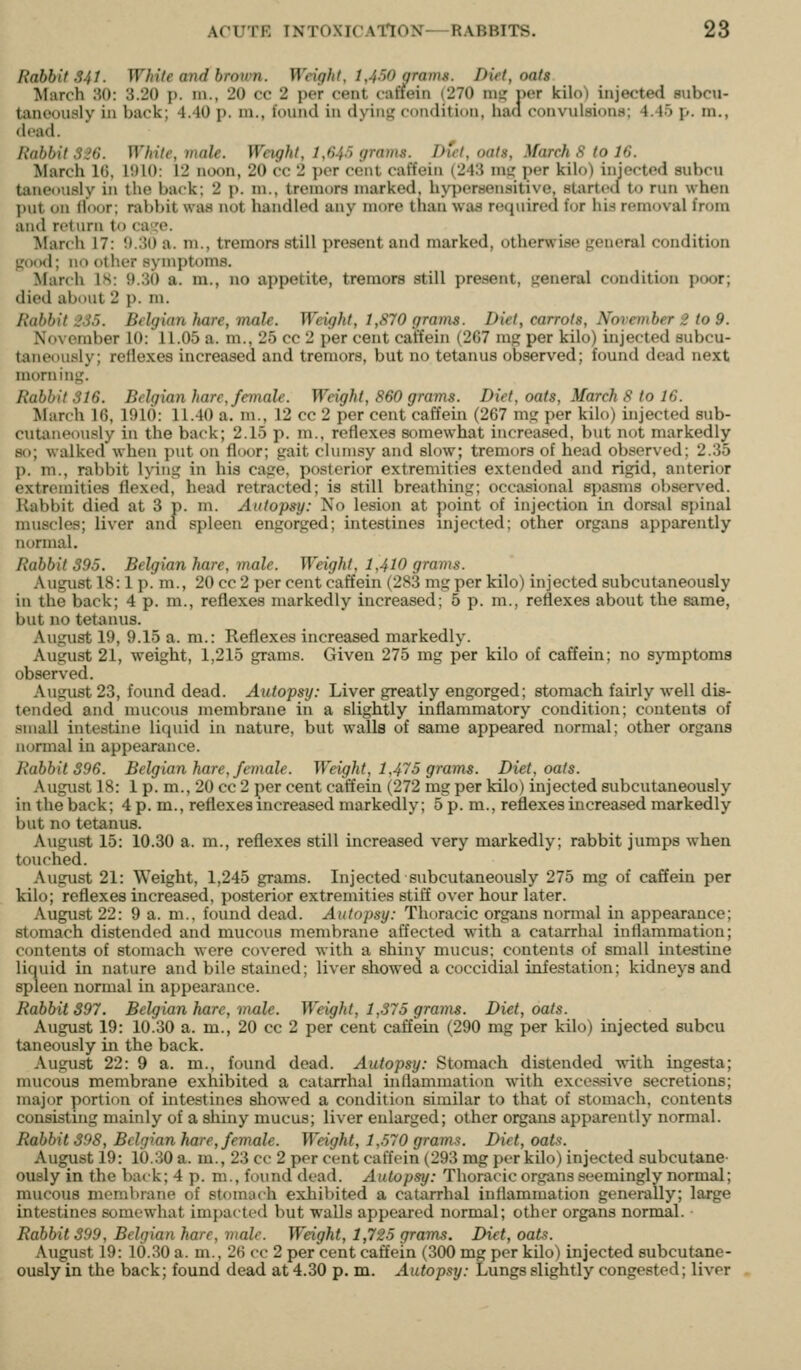 Rabbit 341. White and brown. Weight, 1,4W grams. Diet, oats March 'M): 3.20 p. m., 20 cc 2 per cent caflein (270 nii: per kilo) injected snbcu- tanoously in back; 4.40 p. m., found in dyin^ condition, had convulsions; 4.45 p. ni., dead. Rabbit S'26. White, male. Weight, 1,64.') grams. Diet, oats, March 8 to 16. March IG, 1!)10: 12 noon, 20 cc 2 per cent caffein (243 mg per kilo) injected aubcu taneously in the back; 2 p. m., tremors marked, hypersensitive, started to run when put on floor; rabbit was not handled any more than was required for his removal from and return to ca>:e. March 17: !».30 a. m., tremors still present and marked, otherwise general condition good; no other symptoms. March IS: 9.30 a. m., no appetite, tremors still present, general condition poor; died about 2 p. m. Rabbit '235. Belgian hare, male. Weight, 1,870 grains. Diet, carrots, November 2 to 9. November 10: 11.05 a. m., 25 cc 2 per cent canein (2G7 mg per kilo) injected subcu- taneously; reflexes increased and tremors, but no tetanus observed; found dead next morning. Rabbit 316. Belgian hare, female. Weight, 860 grams. Diet, oats, March 8 to 16. March 16, 1910: 11.40 a. m., 12 cc 2 per cent caffein (267 mg per kilo) injected sub- cutaneously in the back; 2.15 p. m., reflexes somewhat increased, but not markedly so; walked when put on floor; gait clumsy and slow; tremors of head observed; 2.35 p. m., rabbit l}ing in his cage, posterior extremities extended and rigid, anterior extremities flexed, head retracted; is still breathing; occasional spasms observed. Kabbit died at 3 p. m. Autopsy: No lesion at point of injection in dorsal spinal muscles; liver and spleen engorged; intestines injected; other organs apparently normal. Rabbit 395. Belgian hare, male. Weight, 1,410 grams. August 18:1 p. m., 20 cc 2 per cent caffein (2S3 mg per kilo) injected subcutaneously in the back; 4 p. m., reflexes markedly increased; 5 p. m., reflexes about the same, but no tetanus. August 19, 9.15 a. m.: Reflexes increased markedly. August 21, weight, 1,215 grams. Given 275 mg per kilo of caffein; no symptoms observed. August 23, found dead. Autopsy: Liver greatly engorged; stomach fairly well dis- tended and mucous membrane in a slightly inflammatory condition; contents of small intestine li(juid in nature, but walla of same appeared normal; other organs nonnal in appearance. Rabbit 396. Belgian hare, female. Weight, 1.475 grams. Diet, oats. August 18: 1 p. m., 20 cc 2 per cent caffein (272 mg per kilo) injected subcutaneously in the back; 4 p. m., reflexes increased markedly; 5 p. m., reflexes increased markedly but no tetanus. August 15: 10.30 a. m., reflexes still increased very markedly; rabbit jumps when touched. August 21: Weight, 1,245 grams. Injected subcutaneously 275 mg of caffein per kilo; reflexes increased, posterior extremities stiff over hour later. August 22: 9 a. m.. found dead. Autopsy: Thoracic organs normal in appearance; stomach distended and mucous membrane affected with a catarrhal inflammation; contents of stomach were covered with a shiny mucus; contents of small intestine liquid in nature and bile stained; liver showea a coccidial infestation; kidneys and spleen normal in appearance. Rabbit 397. Belgian hare, male. Weight, 1,375 grams. Diet, oats. August 19: 10.30 a. m., 20 cc 2 per cent caffein (290 mg per kilo) injected subcu taneously in the back. August 22: 9 a. m., found dead. Autopsy: Stomach distended with ingesta; mucous membrane exhibited a catarrhal inflammation with excessive secretions; major portion of intestines showed a condition similar to that of stomach, contents consisting mainly of a shiny mucus; liver enlarged; other organs apparently normal. Rabbit 398, Belgian hare, female. Weight, 1,570 grams. Diet, oats. August 19: 10.30 a. m., 23 cc 2 per cent caffein (293 mg per kilo) injected subcutane- ously in the back; 4 p. m., found dead. Autopsy: Thoracic organs seemingly normal; mucous membrane of stomuch exbibited a catarrhal inflammation generally; large intestines somewhat impacted but walls appeared normal; other organs normal. Rabbit 399, Belgian hare, male. Weight, 1,725 grams. Diet, oat^. August 19: 10.30 a. m., 26 cc 2 per cent caffein (300 mg per kilo) injected subcutane- ously in the back; found dead at 4.30 p. m. Autopsy: Lungs slightly congested; liver