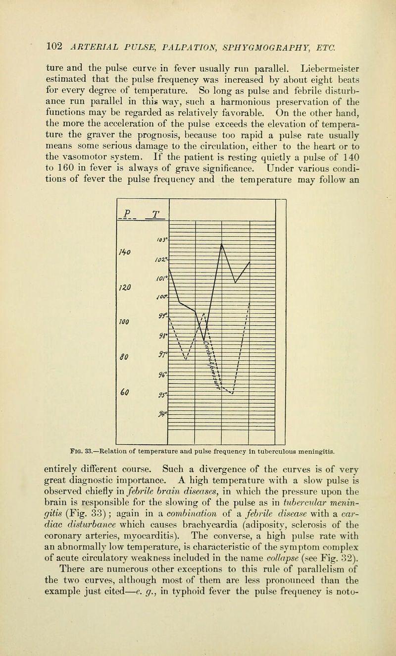 ture and the pulse curve in fever usually run parallel. Liebermeister estimated that the pulse frequency was increased by about eight beats for every degree of temperature. So long as pulse and febrile disturb- ance run parallel in this way, such a harmonious preservation of the functions may be regarded as relatively favorable. On the other hand, the more the acceleration of the pulse exceeds the elevation of tempera- ture the graver the prognosis, because too rapid a pulse rate usually means some serious damage to the circulation, either to the heart or to the vasomotor system. If the patient is resting quietly a pulse of 140 to 160 in fever is always of grave significance. Under various condi- tions of fever the pulse frequency and the temperature may follow an P T lor- lOZ'- izo JO(f. 9f- 100 9S' J \ 1 \ \ I \ J 1 \ / 1 \ / \ \ / \ 1 V \ \ \ 1 \ \ 1 V 1 I 1 <>, / \ 1 \l V V 1 1 * A 1 t \ 1 » 1 ' '^\ * 1 'k\ 80 ^7° 9^- 60 Si'. \ / ^i 1 >' r\ ! >-\ 1 ^ I =^\ 1 -<' Fig. 33.—Relation of temperature aud pulse frequency In tuberculous meningitis. entirely different course. Such a divergence of the curves is of very great diagnostic importance. A high temperature with a slow pulse is observed chiefly in febrile brain diseases, in which the pressure upon the brain is responsible for the slowing of the pulse as in tubercular menin- gitis (Fig. 33); again in a combination of a febrile disease with a car- diac disturbance which causes brachycardia (adiposity, sclerosis of the coronary arteries, myocarditis). The converse, a high pulse rate with an abnormally low temperature, is characteristic of the symptom complex of acute circulatory weakness included in the name collapse (see Fig. 32). There are numerous other exceptions to this rule of parallelism of the two curves, although most of them are less pronounced than the example just cited—e. g., in typhoid fever the pulse frequency is noto-