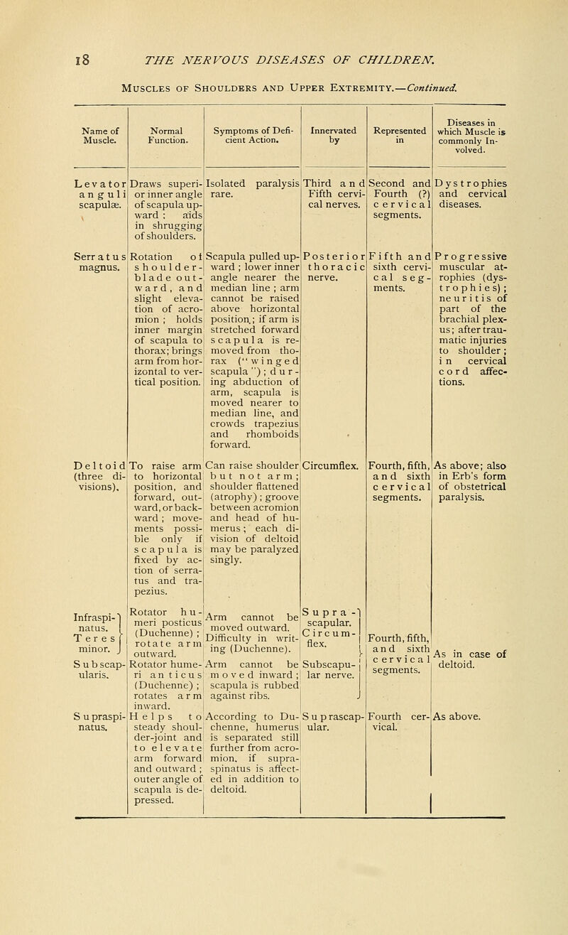 Muscles of Shoulders and Upper Extremity.—Continued. Name of Muscle. Levator anguli scapulae. Serr a t u s magnus. Deltoid (three di- visions). Infraspi- I natus. I Teres minor. Sub scap- ularis. natus. Normal Function. Symptoms of Defi- cient Action. Draws superi- or inner angle of scapula up- ward : aids in shrugging of shoulders. Rotation o t shoulder- blade out-, ward, and slight eleva- tion of acro- mion ; holds inner margin1 of scapula to thorax; brings arm from hor- izontal to ver- tical position. Isolated paralysis rare. To raise arm to horizontal position, and forward, out-j ward, or back- ward ; move- ments possi- ble only if. scapula is fixed by ac- tion of serra- tus and tra- pezius. Rotator hu- meri posticus (Duchenne) ; rotate arm; outward. Rotator hume- ri an ticus (Duchenne) ; j rotates arm inward. steady shoul-j der-joint and to elevate arm forward I and outward ; outer angle of scapula is de-| pressed. Scapula pulled up ward ; lower inner angle nearer the median line ; arm cannot be raised above horizontal position ; if arm is stretched forward scapula is re- moved from tho- rax (winged scapula ); dur- ing abduction of arm, scapula is moved nearer to median line, and crowds trapezius and rhomboids forward. Can raise shoulder but not arm; shoulder flattened (atrophy) ; groove between acromion and head of hu- merus ; each di- vision of deltoid may be paralyzed singly. Innervated by Third and Fifth cervi- cal nerves. Posterior thoracic nerve. Arm cannot be moved outward. Circumflex. Supra -1 scapular. I Difficulty in writ- CLi r c u m  | ing (Duchenne). eX- J. Arm cannot be Subscapu- j moved inward ;| lar nerve, scapula is rubbed against ribs. chenne, humerus is separated still further from acro- mion, if supra- spinatus is affect- ed in addition to deltoid. ular. Represented Second and Fourth (?) c ervical segments Fifth and sixth cervi c al seg- ments. Fourth, fifth, and sixth cervical segments, Fourth, fifth, and sixth cervical segments, vical. Diseases in which Muscle is commonly In- volved. Dys t rophies and cervical diseases. P r ogressive muscular at- rophies (dys- trophies); ne u r i t i s of part of the brachial plex- us; after trau- matic injuries to shoulder ; i n cervical cord affec- tions. As above; also in Erb's form of obstetrical paralysis. As in case of deltoid.