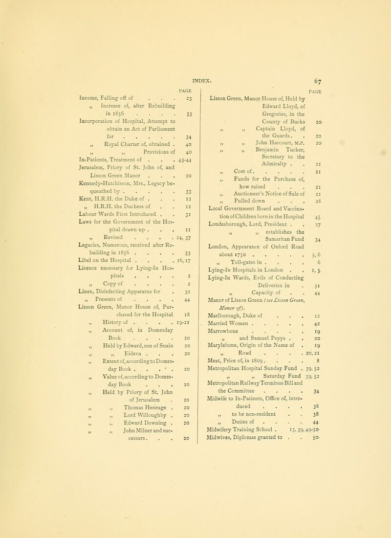 Income, Falling off of „ Increase of, after Rebuilding in 1856 . . . . Incorporation of Hospital, Attempt to obtain an Act of Parliament for ... . ,, Ro3al Charter of, obtained „ ,, Proi-isions of In-Patients, Treatment of . Jerusalem, Priorj' of St. John of, anc Lisson Green Jlanor Kennedy-Hutchisson, Mrs., Legacy be queathed by . . . Kent, H.R.H. the Duke of . „ H.R.H. the Duchess of Labour Wards First Introduced , Laws for the Government of the Ho: pital drawn up . „ Re\-ised Legacies, Numerous, received after Re building in 1S56 . Libel on the Hospital . Licence necessary fur Lying-in HoS' pitals . . „ Copy of . . . Linen, Disinfecting Apparatus for ,, Presents of . . . Lisson Green, Manor House of. Pur chased for the Hospital ,, History of . „ Accoimt of, in Domesday Book „ Heldby Edward, son of Suain ,, ,, Eideva . „ Extent of, according to DomeS' day Book . . . ' „ Value of, according to Domes daj' Book „ Held by Priory of St. John of Jerusalem „ ,, Thomas Heneage „ ,, Lord Willoughby „ ,, Edward Downing „ „ John Milner and SUC' cessors. PAGE 23 34 40 40 43-44 33 16,17 18 19-21 67 PAGE Lisson Green, Manor House of. Held by Edward Lloyd, of Gregories, in the County of Bucks ,, ,, Captain Lloyd, of the Guards. ,, „ John Harcourt, M.P. ,, „ Benjamin Tucker, Secretary to the Admiralty . „ Cost of ,, Funds for the Purchase of, how raised ,, Auctioneer's Notice of Sale of ,, Pulled down Local Government Board and Vaccina- tion of Children born in the Hospital Londesborough, Lord, President . „ ,, establishes the Samaritan Fund London, Appearance of Oxford Road about 1750 „ Toll-gates in . Lying-in Hospitals in London Lying-in Wards, E^^ls of Conducting Deliveries in ,, Capacity of Manor of Lisson Green (see Lisson Green, Manor of). Marlborough, Duke of Married Women .... Marrowbone .... „ and Samuel Pep}-s . Marylebone, Origin of the Name of „ Road Meat, Price of, in 1809 . Metropolitan Hospital Sunday Fund „ ,, Saturday Fund 39,5 Metropolitan Railway Terminus BiU and the Committee 34 5,6 6 i>5 19 39o2 Midwife to In-Patients, OfiSce of, duced „ to be non-resident „ Duties of Midwifery Training School . Midwives, Diplomas granted to mtrO' 3+^ 38 44 13.39,49-50- 50-