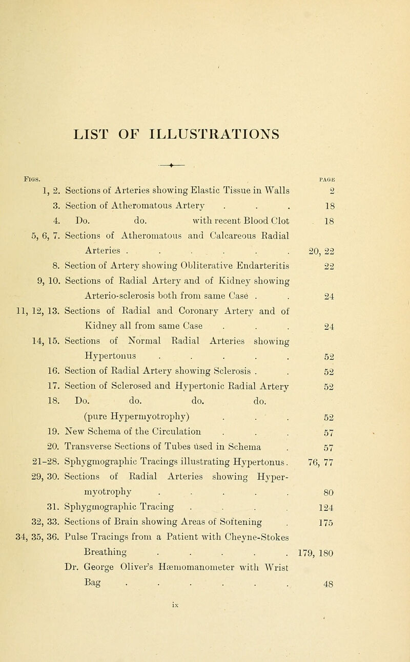 LIST OF ILLUSTRATIONS 1, 2. Sections of Arteries showing Elastic Tissue in Walls 2 3. Section of Atheromatous Artery . . . 18 4. Do. do. with recent Blood Clot 18 5, 6, 7. Sections of Atheromatous and Calcareous Eadial Arteries . . . . . 20, 22 8. Section of Artery showing Obliterative Endarteritis 22 9, 10. Sections of Radial Artery and of Kidney showing Arterio-sclerosis both from same Case . . 24 11, 12, 13. Sections of Radial and Coronary Artery and of Kidney all from same Case ... 24 14, 15. Sections of Normal Radial Arteries showing Hypertouus ..... 52 16. Section of Radial Artery showing Sclerosis . . 52 17. Section of Sclerosed and Hypertonic Radial Artery 52 18. Do. do. do. do. (pure Hypermyotrophy) ... 52 19. New Schema of the Circulation ... 57 20. Transverse Sections of Tubes used in Schema . 57 21-28. Sphygmograpliic Tracings illustrating Hypertonus. 76, 77 29, 30. Sections of Radial Arteries showing Hyper- myotrophy ..... 80 31. Sphygmograpliic Tracing .... 124 32, 33. Sections of Brain showing Areas of Softening . 175 34, 35, 36. Pulse Tracings from a Patient with Cheyne-Stokes Breathing . . . . . 179, 180 Dr. George Olivei-'s Hseniomanometer with Wrist Bag ...... 48