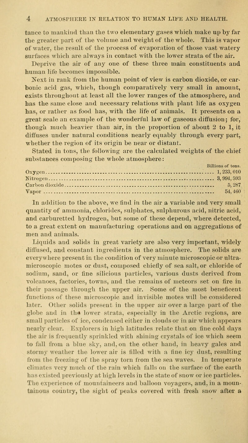 tance to maakind than the two elemeutary gases which ruake up by ftir the greater part of the vohinie and weight of the whole. This is vapor of water, the result of the process of evaporation of those vast watery surfaces which are always in contact with the lower strata of the air. Deprive the air of auy one of these three main constituents and human life becomes impossible. !^ext in rank from the human point of view is carbon dioxide, or car- bonic acid gas, which, though comparatively very small in amount, exists throughout at least all the lower ranges of the atmosphere, and has the same close and necessary relations with plant life as oxygen has, or ratlier as food has, with the life of animals. It presents on a great scale an exam^jle of the wonderful law of gaseous diffusion; for, though much heavier than air, in the proportion of about 2 to 1, it diffuses under natural conditions nearly equably through every part, whether the region of its origin be near or distant. Stated in tons, the following are the calculated weights of the chief substances composing the whole atmosphere: Billions of tons. Oxygen 1,233,010 Nitrogen 3,994,593 Carbon dioxide 5, 287 Vapor 54,460 In addition to the above, we find in the air a variable and very small quantity of ammonia, chlorides, sulphates, sulphurous acid, nitric acid, and carburetted hydrogen, but some of these depend, where detected, to a great extent on manufacturing operations and on aggregations of men and animals. Liquids and solids in great variety are also very important, widely diffused, and constant ingredients in the atmosphere. The solids are everywhere present in the condition of very minute microscopic or ultra- microscox)ic motes or dust, composed chiefly of sea salt, or chloride of sodium, sand, or fine silicious particles, various dusts derived from volcanoes, factories, towns, and the remains of meteors set on fire in their passage through the upper air. Some of the most beneficent functions of these microscopic and invisible motes will be considered later. Other solids present in the upper air over a large part of the globe and in the lower strata, especially in the Arctic regions, are small particles of ice, condensed either in clouds or in air which appears nearly clear. Explorers in high latitudes relate that on fine cold days the air is frequently sprinkled with shining crystals of ice which seem to fall from a blue sky, and, on the other hand, in heavy gales and stormy Aveather the lower air is filled with a fine icy dust, resulting from the freezing of the spray torn from the sea waves. In temperate climates very much of the rain which falls on the surface of the earth has existed i)reviously at high levels in the state of snow or ice i^articles. The experience of mountaineers and balloon voyagers, and, in a moun- tainous country, the sight of peaks covered with fresh snow after a