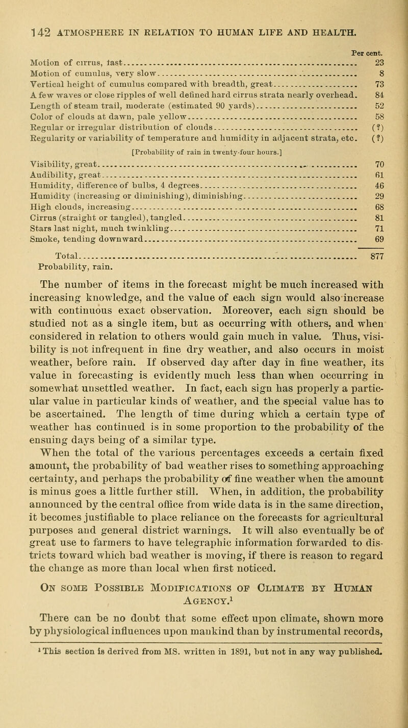 Per cent. Motion of cirrus, last 23 Motion of cumulus, very slow 8 Vertical height of cumulus compared with breadth, great 73 A few waves or close ripples of well defined hard cirrus strata nearly overhead. 84 Length of steam trail, moderate (estimated 90 yards) 52 Color of clouds at dawn, pale yellow 58 Regular or irregular distribution of clouds (?) Regularity or variability of temperature and humidity in adjacent strata, etc. (?) [Probability of rain in twenty-four hours.] Visibility, great .- 70 Audibility, great 61 Humidity, difference of bulbs, 4 degrees 46 Humidity (increasing or diminishing), diminishing 29 High clouds, increasing 68 Cirrus (straight or tangled), tangled 81 Stars last night, much twinkling 71 Smoke, tending downward 69 Total 877 Probability, rain. The number of items in the forecast might be much increased with increasing knowledge, and the value of each, sign would also increase with continuous exact observation. Moreover, each sign should be studied not as a single item, but as occurring with otliers, and when considered in relation to others would gain mucli in value. Thus, visi- bility is not infrequent in fine dry weather, and also occurs in moist weather, before rain. If observed day after day in fine weather, its value in forecasting is evidently much less than when occurring in somewhat unsettled weather. In fact, each sign has properly a partic- ular value in particular kinds of Aveather, and the special value has to be ascertained. The length of time during which, a certain type of weather has continued is in some proportion to the probability of the ensuing days being of a similar type. When the total of the various percentages exceeds a certain fixed amount, the probability of bad weather rises to something approaching certainty, and perhaps the probability orf fine weather when the amount is minus goes a little further still. When, in addition, the probability announced by the central office from wide data is in the same direction, it becomes justifiable to place reliance on the forecasts for agricultural purposes and general district warnings. It will also eventually be of great use to farmers to have telegraphic information forwarded to dis- tricts toward which bad weather is moving, if there is reason to regard the change as more than local when first noticed. On some Possible Modifications of Climate by Human AOENCT.l There can be no doubt that some effect upon climate, shown more by physiological influences uj^on mankind than by instrumental records, • This section is derived from MS. written in 1891, but not in any way published.