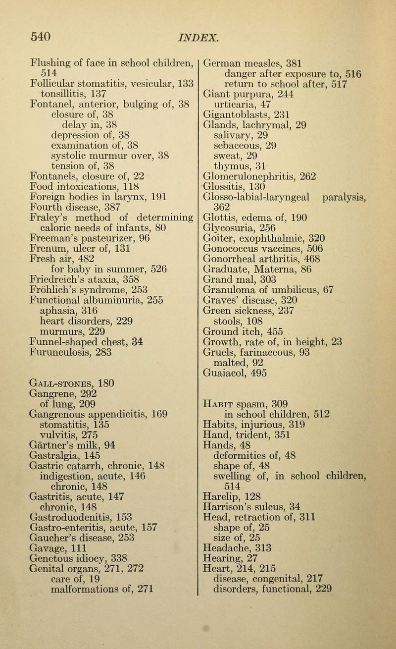 Flushing of face in school children, 514 Follicular stomatitis, vesicular, 133 tonsillitis, 137 Fontanel, anterior, bulging of, 38 closure of, 38 delay in, 38 depression of, 38 examination of, 38 systolic murmur over, 38 tension of, 38 Fontanels, closure of, 22 Food intoxications, 118 Foreign bodies in larynx, 191 Fourth disease, 387 Fraley's method of determining caloric needs of infants, 80 Freeman's pasteurizer, 96 Frenum, ulcer of, 131 Fresh air, 482 for baby in summer, 526 Friedreich's ataxia, 358 Frohlich's syndrome, 253 Functional albuminuria, 255 aphasia, 316 heart disorders, 229 murmurs, 229 Funnel-shaped chest, 34 Furunculosis, 283 Gall-stones, 180 Gangrene, 292 of lung, 209 Gangrenous appendicitis, 169 stomatitis, 135 vulvitis, 275 Gartner's milk, 94 Gastralgia, 145 Gastric catarrh, chronic, 148 indigestion, acute, 146 chronic, 148 Gastritis, acute, 147 chronic, 148 Gastroduodenitis, 153 Gastro-enteritis, acute, 157 Gaucher's disease, 253 Gavage, 111 Genetous idiocy, 338 Genital organs, 271, 272 care of, 19 malformations of, 271 German measles, 381 danger after exposure to, 516 return to school after, 517 Giant purpura, 244 urticaria, 47 Gigantoblasts, 231 Glands, lachrymal, 29 salivary, 29 sebaceous, 29 sweat, 29 thymus, 31 Glomerulonephritis, 262 Glossitis, 130 Glosso-labial-laryngeal paralysis, 362 Glottis, edema of, 190 Glycosuria, 256 Goiter, exophthalmic, 320 Gonococcus vaccines, 506 Gonorrheal arthritis, 468 Graduate, Materna, 86 Grand mal, 303 Granuloma of umbilicus, 67 Graves' disease, 320 Green sickness, 237 stools, 108 Ground itch, 455 Growth, rate of, in height, 23 Gruels, farinaceous, 93 malted, 92 Guaiacol, 495 Habit spasm, 309 in school children, 512 Habits, injurious, 319 Hand, trident, 351 Hands, 48 deformities of, 48 shape of, 48 swelling of, in school children, 514 Harelip, 128 Harrison's sulcus, 34 Head, retraction of, 311 shape of, 25 size of, 25 Headache, 313 Hearing, 27 Heart, 214, 215 disease, congenital, 217 disorders, functional, 229