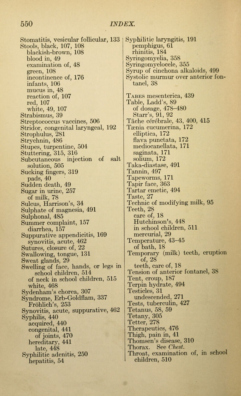 Stomatitis, vesicular follicular, 133 Stools, black, 107, 108 blackish-brown, 108 blood in, 49 examination of, 48 green, 108 incontinence of, 176 infants, 106 mucus in, 48 reaction of, 107 red, 107 white, 49, 107 Strabismus, 39 Streptococcus vaccines, 506 Stridor, congenital laryngeal, 192 Strophulus, 281 Strychnin, 486 Stupes, turpentine, 504 Stuttering, 315, 316 Subcutaneous injection of salt solution, 505 Sucking ringers, 319 pads, 40 Sudden death, 49 Sugar in urine, 257 of milk, 78 Sulcus, Harrison's, 34 Sulphate of magnesia, 491 Sulphonal, 485 Summer complaint, 157 diarrhea, 157 Suppurative appendicitis, 169 synovitis, acute, 462 Sutures, closure of, 22 Swallowing, tongue, 131 Sweat glands, 29 Swelling of face, hands, or legs in school children, 514 of neck in school children, 515 white, 468 Sydenham's chorea, 307 Syndrome, Erb-Goldflam, 337 Frohlich's, 253 Synovitis, acute, suppurative, 462 Syphilis, 440 acquired, 440 congenital, 441 of joints, 470 hereditary, 441 late, 448 Syphilitic adenitis, 250 hepatitis, 54 Syphilitic laryngitis, 191 pemphigus, 61 rhinitis, 184 Syringomyelia, 358 Syringomyelocele, 355 Syrup of cinchona alkaloids, 499 Systolic murmur over anterior fon- tanel, 38 Tabes mesenterica, 439 Table, Ladd's, 89 of dosage, 478-480 Starr's, 91, 92 Tache cerebrale, 43, 400, 415 Taenia cucumerina, 172 eUiptica, 172 flava punctata, 172 mediocanellata, 171 saginata, 171 solium, 172 Taka-diastase, 491 Tannin, 497 Tapeworms, 171 Tapir face, 363 Tartar emetic, 494 Taste, 27 Technic of modifying milk, 95 Teeth, 28 care of, 18 Hutchinson's, 448 in school children, 511 mercurial, 29 Temperature, 43-45 of bath, 18 Temporary (milk) teeth, eruption of, 28 teeth, care of, 18 Tension of anterior fontanel, 38 Tent, croup, 187 Terpin hydrate, 494 Testicles, 31 undescended, 271 Tests, tuberculin, 427 Tetanus, 58, 59 Tetany, 305 Tetter, 278 Therapeutics, 476 Thigh, pain in, 41 Thomsen's disease, 310 Thorax. See Chest. Throat, examination of, in school children, 510