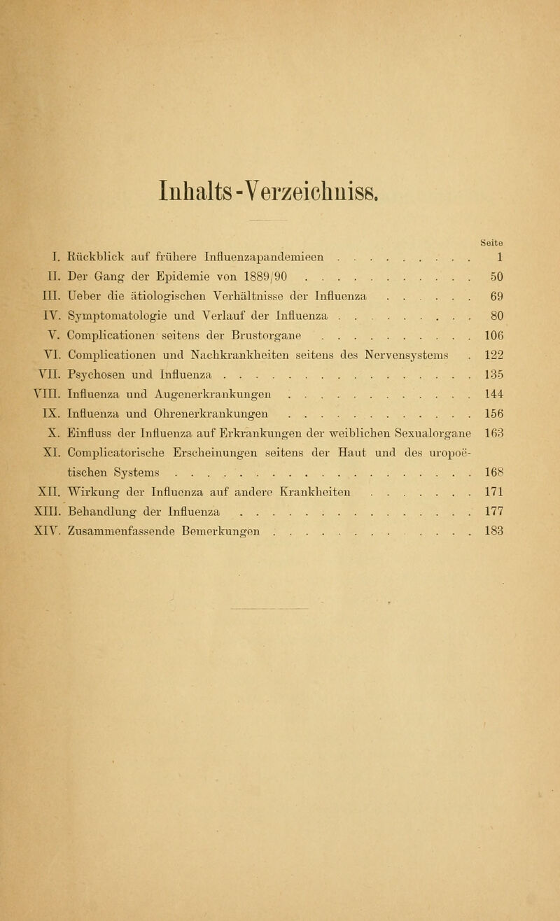 Inhalts - Verzeichuiss. Seite I. Rückblick auf frühere Influenzapandemieen 1 II. Der Gang der Epidemie von 1889/90 50 III. Ueber die ätiologischen Verhältnisse der Influenza 69 IV. Symptomatologie und Verlauf der Influenza 80 V. Complicationen seitens der Brustorgane 106 VI. Complicationen und Nachkrankheiten seitens des Nervensystems . 122 VII. Psychosen und Influenza 1.35 VIII. Influenza und Augenerkrankungen 144 IX. Influenza und Ohrenerkrankungen 156 X. Einfluss der Influenza auf Erkrankungen der weiblichen Sexualorgane 163 XI. Complicatorische Erscheinungen seitens der Haut und des uropoe- tischen Systems 168 XII. Wirkung der Influenza auf andere Krankheiten 171 XIII. Behandlung der Influenza 177 XIV. Zusammenfassende Bemerkunsren .... 183