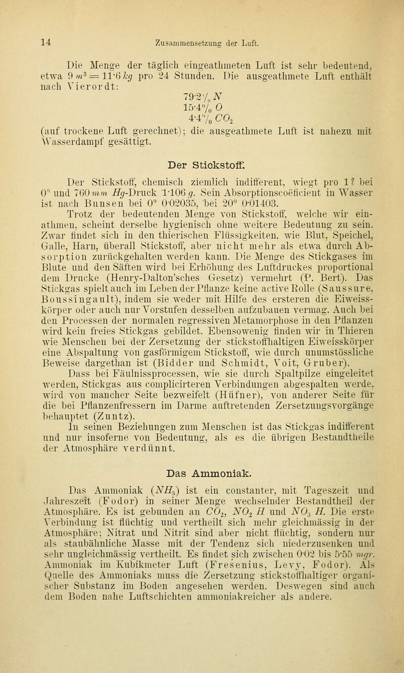 Die Menge der täglich eingeatlimeten Luft ist sehr bedeutend, etwa 9m3 = ll-6% pro 24 Stunden. Die ausgeathmete Luft enthält nach Vierordt: 79-2 y,iv 15-4'yü 0 4-47o <^'Ö2 (auf trockene Luft gerechnet); die ausgeathmete Luft ist nahezu mit AVasserdampf gesättigt. Der Stickstoff. Der Stickstoff, chemisch ziemlich indifferent, wiegt pro 11 bei 0 und 760 mm ^^-Druck VlOQq. Sein Absorptionscoeficient in Wasser ist nach Bunsen bei 0 0-02035, bei 20'^ 0-01403. Trotz der bedeutenden Menge von Stickstoff, welche wir ein- athmen, scheint derselbe hygienisch ohne weitere Bedeutung zu sein. Zwar findet sich in den thierischen Flüssigkeiten, wie Blut, Speichel, Galle, Harn, überall Stickstoff, aber nicht mehr als etwa durch Ab- sorption zurückgehalten werden kann. Die Menge des Stickgases im Blute und den Säften wird bei Erhöhung des Luftdruckes proportional dem Drucke (Henry-Dalton'sches Gesetz) vermehrt (P. Bert). Das Stickgas spieltauch im Leben der Pflanze keine activeEoUe (Saussure, B0USsingault), indem sie weder mit Hilfe des ersteren die Eiweiss- körper oder auch nur Vorstufen desselben aufzubauen vermag. Auch bei den Processen der normalen regressiven Metamorphose in den Pflanzen wird kein freies Stickgas gebildet. Ebensowenig finden wir in Thieren wie Menschen bei der Zersetzung der stickstoffhaltigen Eiweisskörper eine Abspaltung von gasförmigem Stickstoff, wie durch unumstössliche Beweise dargethan ist (Bidder und Schmidt, Voit, Gruber). Dass bei Fäulnissprocessen, wie sie durch Spaltpilze eingeleitet werden, Stickgas aus complicirteren Verbindungen abgespalten werde, wird von mancher Seite bezweifelt (Hüfner), von anderer Seite für die bei Pflanzenfressern im Darme auftretenden Zersetzungsvorgänge behauptet (Zuntz). In seinen Beziehungen zum Menschen ist das Stickgas indifferent und nur insoferne von Bedeutung, als es die übrigen Bestandtheile der Atmosphäre verdünnt. Das Ammoniak. Das Ammoniak (NH.^) ist ein constanter, mit Tageszeit und Jahreszeit (Fodor) in seiner Menge wechselnder Bestaudtheil der Atmosphäre. Es ist gebunden au CO2, NO^ H und NO-^ H. Die erste Verbindung ist flüchtig und vertheilt sich mehr gieichmässig in der Atmosphäre; Nitrat und Nitrit sind aber nicht flüchtig, sondern nur als staubähnliche Masse mit der Tendenz sich uiederzusenken und sehr ungieichmässig vertheilt. Es findet sich zwischen 0-02 bis 5-55 mgr. Ammoniak im Kubikmeter Luft (Fresenius, Lev}', Fodor). Als Quelle des Ammoniaks muss die Zersetzung stickstoffhaltiger organi- scher Substanz im Boden angesehen werden. Deswegen sind auch dem Boden nahe Luftschichten ammoniakreicher als andere.