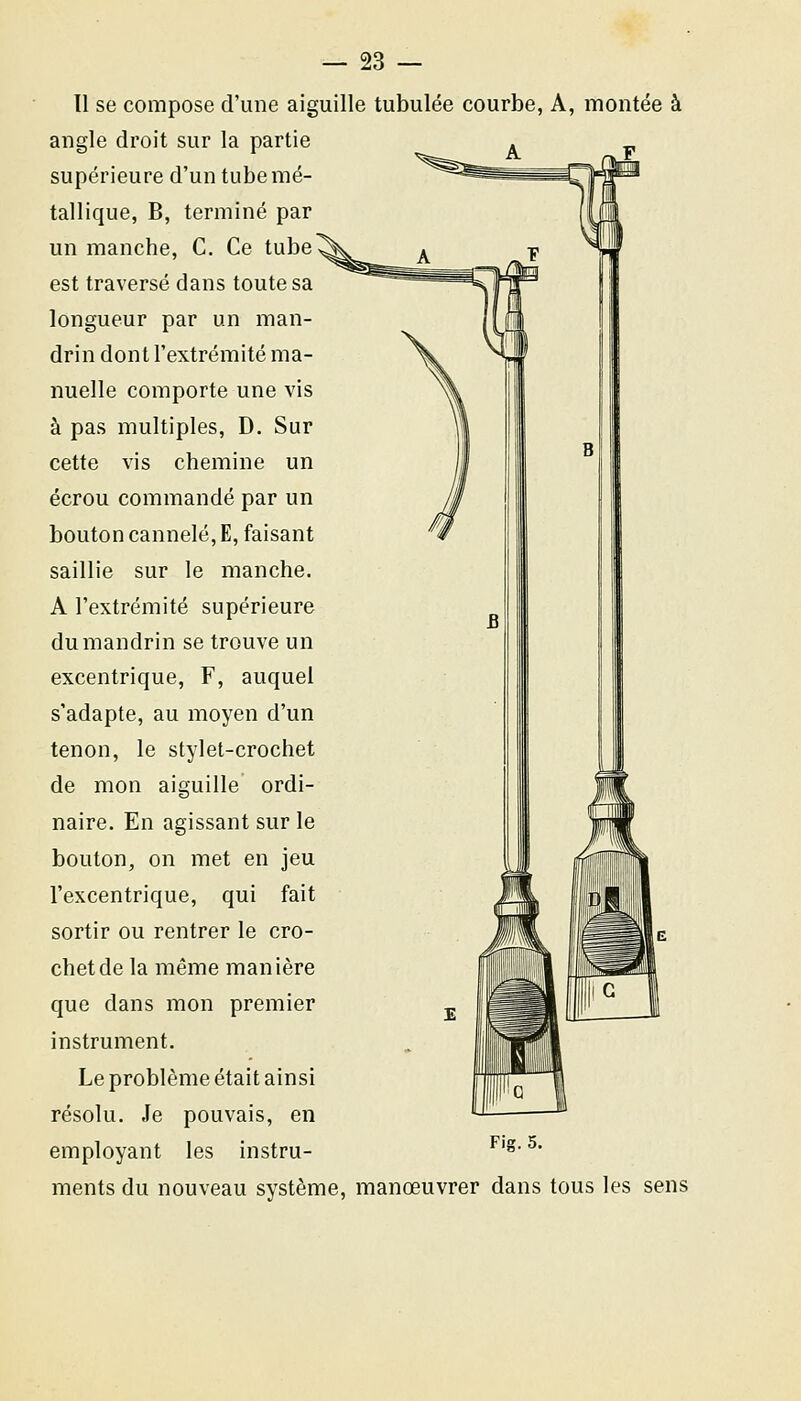 Il se compose d'une aiguille tubulée courbe, A, montée à angle droit sur la partie supérieure d'un tube mé- tallique, B, terminé par un manche, C. Ce tube est traversé dans toute sa longueur par un man- drin dont l'extrémité ma- nuelle comporte une vis à pas multiples, D. Sur cette vis chemine un écrou commandé par un bouton cannelé, E, faisant saillie sur le manche. A l'extrémité supérieure du mandrin se trouve un excentrique, F, auquel s'adapte, au moyen d'un tenon, le stylet-crochet de mon aiguille ordi- naire. En agissant sur le bouton, on met en jeu l'excentrique, qui fait sortir ou rentrer le cro- chet de la même manière que dans mon premier instrument. Le problème était ainsi résolu. Je pouvais, en employant les instru- ments du nouveau système, manœuvrer dans tous les sens