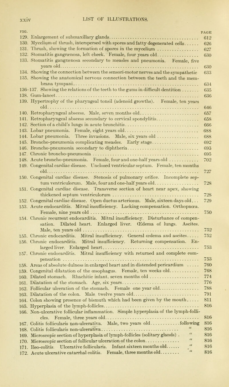 FIG- PAGE 129. Enlargement of submaxillary glands 612 130. Mycelium of thrush, interspersed with spores and fatty degenerated cells 626 131. Thrush, showing the formation of spores in the mycelium 627 132. Stomatitis gangraenosa, left cheek. Female, four years old 630 133. Stomatitis gangrjenosa secondary to measles and pneumonia. Female, five years old 630 134. Showing the connection between the sensori-motor nerves and the sjnnpathetic 633 135. Showing the anatomical nervous connection between the teeth and the mem- brana tpnpani 63-4 136-137. Showing the relations of the teeth to the gums in difficult dentition 635 13S. Gum-lancet 636 139. Hj-pertrophy of the pharjmgeal tonsil (adenoid growths). Female, ten years old 646 140. Retropharj-ngeal abscess. Male, seven montlis old 657 141. Retrophan,-ngeal abscess secondan,' to cervical spondylitis 658 142. Section of a child's lungs in acute bronchitis 666 143. Lobar pneumonia. Female, eight years old 688 144. Lobar pneumonia. Three invasions. Male, six years old 688 145. Broncho-pneumonia complicating measles. Early stage 692 146. Broncho-pneumonia secondan,' to diphtheria 693 147. Chronic broncho-pneumonia 695 148. Acute broncho-pneumonia. Female, four and one-half years old 702 149. Congenital cardiac disease. L'nclosed ventricular septum. Female, ten months old 727 1.50. Congenital cardiac disease. Stenosis of pulmonary orifice. Incomplete sep- tum ventriculorum. Male, four and one-half years old 728 151. Congenital cardiac disease. Transverse section of heart near apex, showing thickened septum ventriculorum 72& 152. Congenital cardiac disease. Open ductus arteriosus. Male, sixteen days old.. . 729 153. Acute endocarditis. Mitralinsufficiency. Lacking compensation. Orthopnoea. Female, nine years old 750 154. Chronic lecurrent endocarditis. Mitral insufficiency. Disturbance of compen- sation. Dilated heart. Enlarged liver. CEdema of lungs. Ascites. Male, ten years old 752 155. Chronic endocarditis. Mitral insufficiency. General cedema and ascites 752 156. Chronic endocarditis. Mitral insufficiency. Returning compensation. En- larged liver. Enlarged heart 753 157. Chronic endocarditis. Mitral insufficiency with returned and complete com- pensation 753 158. Areas of absolute dulness in enlarged heart and in distended pericardium 760 159. Congenital dilatation of the oesophagus. Female, ten weeks old 768 160. Dilated stomach. Rhachitic infant, seven months old 774 161. Dilatation of the stomach. Age, six years 776 162. FolHcular ulceration of the stomach. Female one year old 788 163. Dilatation of the colon. Male, twelve years old 791 164. Colon showing presence of bismuth which liad been given by the mouth 811 165. Hj-perplasia of the lymph-follicles 816 166. Non-ulcerative follicular inflammation. Simple hyperplasia of the lymph-folli- cles. Female, three years old 816 167. Colitis foUicularis non-ulcerativa. Male, two years old following 816 168. Colitis foUicularis non-ulcerativa 816 169. Microscopic section of hjT^erplasia of Ijmiph-follicles (solitary glands) . 816 170. Microscopic section of follicular ulceration of the colon 816 171. Ileo-cohtis Ulcerative foUicularis. Infant sixteen months old /' 816 172. Acute ulcerative catarrhal cohtis. Female, three months old 816