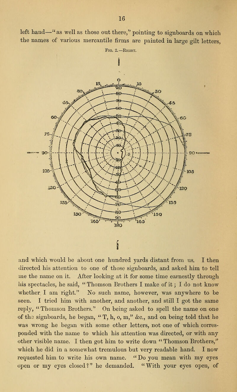 left hand—•' as well as those out there, pointing to signboards on which the names of various mercantile firms are painted in large gilt letters, Fig. 2.—Right. and which would be about one hundred yards distant from us. I then directed his attention to one of those signboards, and asked him to tell me the name on it. After looking at it for some time earnestly through his spectacles, he said, Thomson Brothers I make of it; I do not know whether. I am right. No such name, however, was anywhere to be seen. I tried him with another, and another, and still I got the same reply, Thomson Brothers. On being asked to spell the name on one of tha signboards, he began,  T, h, o, m, &c., and on being told that he was wrong he began with some other letters, not one of which corres- ponded with the name to which his attention was directed, or with any other visible name. I then got him to write down  Thomson Brothers, which he did in a somewhat tremulous but very readable hand. I now requested him to write his own name. Do you mean with my eyes open or my eyes closed? he demanded. With your eyes open, of