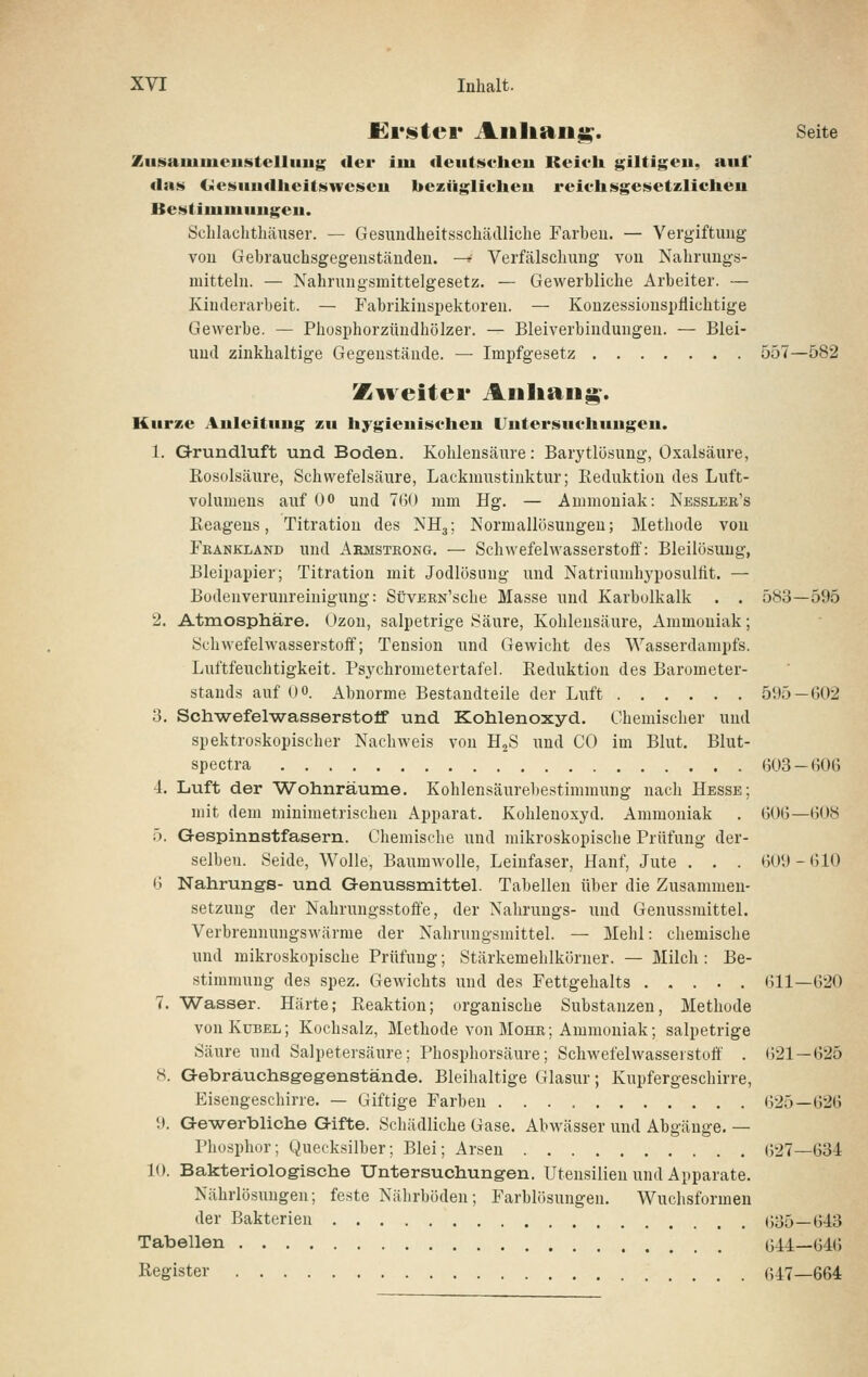 £rstei* Aiilian^. Seite Ztisauiiueustelluug der iiu deutscheu Reich giltigeu, auf das <]iesHudheitsweseu bezüglicheu reichsgesetzlichen Bestiuiuiuugeu. Schlachthäuser. — Gesundheitsschädliche Farben. — Vergiftung von Gebrauchsgegenständen. —f Verfälschung von Nahrungs- mitteln. — Nahrungsmittelgesetz. — Gewerbliche Arbeiter. — Kinderarbeit. — Fabrikinspektoren. — Konzessionspflichtige Gewerbe. — Phosphorzüudhölzer. — Bleiverbinduugen. — Blei- und zinkhaltige Gegenstände. — Impfgesetz 557—582 Ziveiter Anliaii^. Kurze Auleituug zu hygieuischeu Uutersuchuugeu. 1. Grundluft und Boden. Kohlensäure: Barytlösung, Oxalsäure, Kosolsäure, Schwefelsäure, Lackmustinktur; Reduktion des Luft- volumeus auf Oo und 760 mm Hg. — Ammoniak: Nessler's Reagens, Titration des NHj; Normallösungeu; Methode von Feankland und Abmstkong. — Schwefelwasserstoff: Bleilösuug, Bleipapier; Titration mit Jodlösung und Natriumhyposulfit. — Bodenverunreiniguug: SüvERN'sche Masse und Karbolkalk . . 583—595 2. Atmosphäre. < )zon, salpetrige Säure, Kohlensäure, Ammoniak; Schwefelwasserstoff; Tension und Gewicht des Wasserdampfs. Luftfeuchtigkeit. Psychrometertafel. Reduktion des Barometer- stands auf ()0. Abnorme Bestandteile der Lixft 595—602 3. Schwefelwasserstotf und Kohlenoxyd. Chemischer und spektroskopischer NachAveis von HoS und CO im Blut. Blut- spectra 603 — 606 4. Luft der Wohnräume. Kohlensäurebestimmung nach Hesse; mit dem miuimetrischen Apparat. Kohlenoxyd. Ammoniak . 606—608 5. Gespinnstfasern. Chemische und mikroskopische Prüfung der- selben. Seide, Wolle, Baumwolle, Leinfaser, Hanf, Jute . . . 609 - 610 6 Nahrungs- und Genussmittel. Tabellen über die Zusammen- setzung der Nahrungsstoffe, der Nahrungs- und Genussmittel. Verbrennungswärrae der Nahrungsmittel. — Mehl: chemische und mikroskopische Prüfung; Stärkemehlkörner. — Milch : Be- stimmung des spez. Gewichts und des Fettgehalts 611—620 7. Wasser. Härte; Reaktion; organische Substanzen, Methode von Kübel; Kochsalz, Methode von Mohr; Ammoniak; salpetrige Säure und Salpetersäure; Phosphorsäure; Schwefehvasserstoff . (321 — 625 8. Gebräuchsgegenstände. Bleihaltige Glasur; Kupfergeschirre, Eisengescbirre. — Giftige Farben 625—626 9. Gewerbliche Gifte. Schädliche Gase. Abwässer und Abgänge. — Phosphor; Quecksilber; Blei; Arsen 627—634 10. Bakteriologische Untersuchungen. Utensilien und Apparate. Nährlösungen; feste Nährböden; Farblösungen. Wuchsformen der Bakterien 635—643 Tabellen 044—64(5 Register G47_664