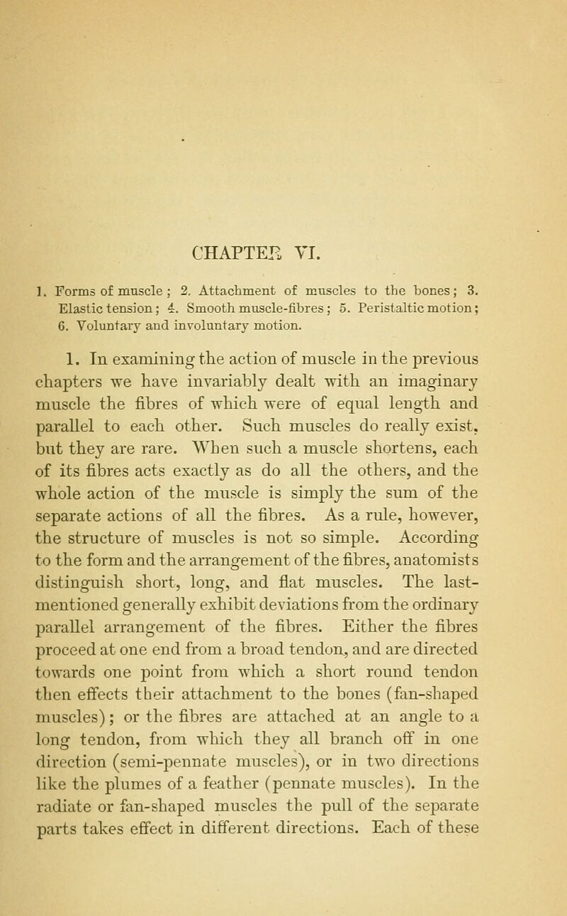 CHAPTEB VI. 1. Forms of muscle ; 2, Attachment of muscles to the bones; 3. Elastic tension; 4. Smooth muscle-fibres; 5. Peristaltic motion; 6. Voluntary and involuntary motion. 1. In examining the action of muscle in the previous chapters we have invariably dealt with an imaginary muscle the fibres of which were of equal length and parallel to each other. Such muscles do really exist, but they are rare. When such a muscle shortens, each of its fibres acts exactly as do all the others, and the whole action of the muscle is simply the sum of the separate actions of all the fibres. As a rule, however, the structure of muscles is not so simple. According to the form and the arrangement of the fibres, anatomists distinguish short, long, and fiat muscles. The last- mentioned generally exhibit deviations from the ordinary parallel arrangement of the fibres. Either the fibres proceed at one end from a broad tendon, and are directed towards one point from which a short round tendon then effects their attachment to the bones (fan-shaped muscles); or the fibres are attached at an angle to a long tendon, from which they all branch off in one direction (semi-pennate muscles), or in two directions like the plumes of a feather (pennate muscles). In the radiate or fan-shaped muscles the pull of the separate parts takes efiect in different directions. Each of these