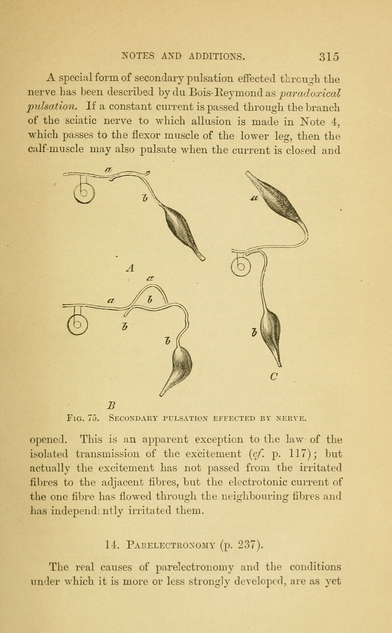 A special form of secondaiy pulsation effected through the nerve has been described by du Bois-Eeymond as paradoxical pulsation. If a constant cuiTent is passed through the bi-anch of the sciatic nerve to which allusion is made in Note 4, which passes to the flexor muscle of the lower leg, then the calf-muscle may also pulsate when the current is closed and Fig. 75. Secondary pulsation effected by nerve. opened. This is an apparent exception to the law of the isolated transmission of the excitement {cf. p. 117); but actually the excitement has not passed from the irritated fibres to the adjacent fibres, but the electrotonic current of the one fibre has flowed through the neighbouring fibies aud has independently irritated them. 14. Pai?electronomy (p. 237). The real causes of parelectronomy and the conditions under which it is more or less strongly developed, are as yet
