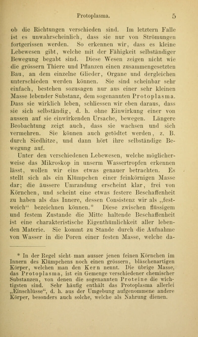 Protoplasma. .> ob die Richtungen verschieden sind. Im Letztem Falle ist es anwahrscheinlich, dass sie nur von Strömungen fortgerissen werden. So erkennen wir, dass es kleine Lebewesen gibt, welche mit der Fähigkeit selbständiger Bewegung begabt sind. Diese Wesen zeigen nicht wie die grössern Thiere und Pflanzen einen zusammengesetzten Bau, an dem einzelne Glieder, Organe und dergleichen unterschieden werden können. Sie sind scheinbar sehr einfach, bestehen sozusagen nur aus einer sehr kleinen .Masse lebender Substanz, dem sogenannten Protoplasma. Dass sie wirklich leben, schlie>sen wir eben daraus, dass sie sich selbständig, d. h. ohne Einwirkung einer von aussen auf sie einwirkenden Ursache, bewegen. Längere Beobachtung zeigt auch, dass sie wachsen und sich vermehren. Sie können auch getödtet werden, z. B. durch Siedhitze, und dann hört ihre selbständige Be- wegung auf. Unter den verschiedenen Lebewesen, welche möglicher- weise das Mikroskop in unserm Wassertropfen erkennen lü>st, wollen wir eins etwas genauer betrachten. Es stellt sich als ein Klümpchen einer feinkörnigen Masse dar; die äussere Umrandung erscheint klar, frei von Körnchen, und scheint eine etwas festere Beschaffenheit zu haben als das Innere, dessen Consistenz wir als „fest- weich bezeichnen können. Diese zwischen flüssigem und festem Zustande die Mitte haltende Beschaffenheit i^t eine charakteristische Eigenthümlichkeit aller leben- den Materie. Sie kommt zu Stande durch die Aufnahme von AVasser in die Poren einer festen Masse, welche da- * In der Regel sieht man ausser jenen feinen Körnchen im Innern des Klümpchens noch einen grössern, bläschenartigen Körper, welchen man den Kern nennt. Die übrige Masse, das Protoplasma, ist ein Gemenge verschiedener chemischer Substanzen, von denen die sogenannten Proteine die wich- tigsten sind. Sehr häufig enthält das Protoplasma allerlei „Einschlüsse, d. h. aus der Umgebung aufgenommene andere Körper, besonders auch solche, welche als Nahrung dienen.