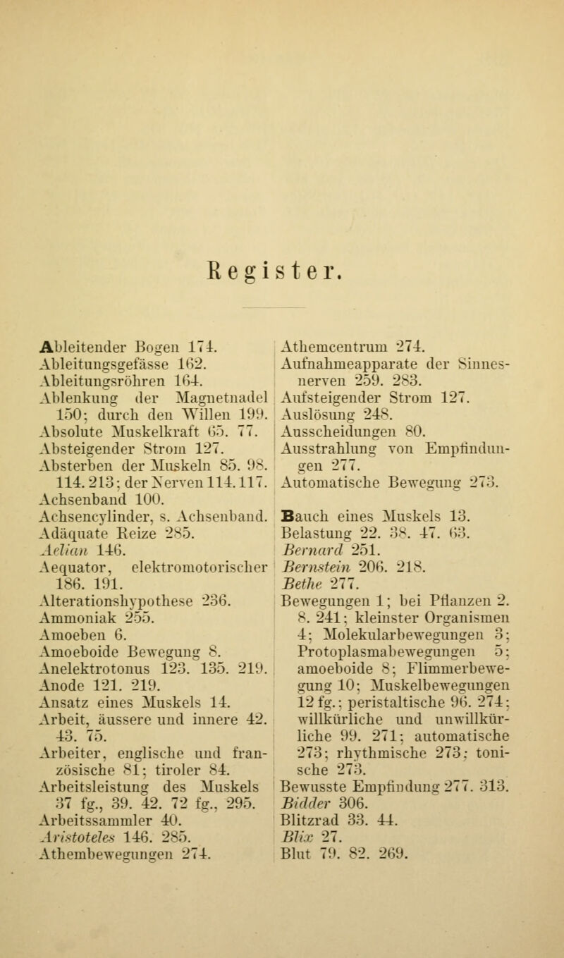 Register. Ableitender Bogen 174. Ableitungsgelasse 162. Ableitungsrohren 1G4. Ablenkung der Magnetnadel 150; durch den Willen 199. Absolute Muskelkraft 65. TT. Absteigender Strom 12T. Absterben der Muskeln 85. 98. 114. 213; der Nerven 114.11T. Aehsenband 100. Achseneylinder, s. Achsenband. Adäquate Reize 285. Aelian 14:6. Aequator, elektromotorischer 186. 191. Alterationshypothese 236. Ammoniak 255. Amoeben 6. Amoeboide Bewegung 8. Anelektrotonus 123. 135. 219. Anode 121. 219. Ansatz eines Muskels 14. Arbeit, äussere und innere 42. 43. 75. Arbeiter, englische und fran- zösische 81; tiroler 84. Arbeitsleistung des Muskels 37 fg., 39. 42. T2 fg.. 295. Arbeitssammler 40. Aristoteles 146. 285. Athemcentrum 274. Aufnahmeapparate der Sinnes- nerven 259. 283. Aufsteigender Strom 127. Auslösung 24s. Ausscheidungen SO. Ausstrahlung von Empfindun- gen 277. Automatische Bewegung 273. Bauch eines Muskels 13. Belastung 22. 38. 47. 63. Bernard 251. Bernstein 206. 218. Bethe 277. Bewegungen 1; bei Pflanzen 2. 8. 241: kleinster Organismen 4: Molekularbewegungen 3: Protoplasmabewegungen 5: amoeboide 8; Flimmerbewe- gung 10: Muskelbewegungen 12 fg.: peristaltische 96. 274: willkürliche und unwillkür- liche 99. 271: automatische 273: rhythmische 273: toni- sche 273. Bewusste Empfindung 277. 313. Bidäer 306. Blitzrad 33. 44. Blix 27.