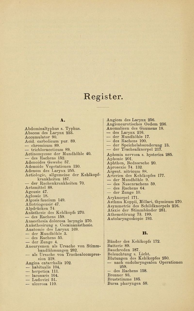 Register. A. Abdominaltyphus s. Typhus. Abscess des Larynx 233. Accumulator 90. Acid. carbolicum pur. 89. — chromicum 89. — trichloraceticum 89. Actinomycose der Mundhöhle 40. — des Rachens 152. Adenoides Gewebe 57. Adenoide Vegetationen 130. Adenom des Larynx 255. Aetiologie, allgemeine der Kehlkopf- krankheiten 187. — der Rachenkrankheiten 70. Aetzmittel 88. Ageusie 47. Agiossie 18. Algosis faucium 149. Allotriogeusiö 47. Alpdrücken 74. Anästhesie des Kehlkopfs 270. — des Rachens 159. Anaesthesia dolorosa laryngis 270. Anästhesirung s. Cocainanästhesie. Anatomie des Larynx 169. — der Mundhöhle 3. — des Rachens 55. — der Zunge 4. Aneurysmen als Ursache von Stimm- bandlähmungen 282. — als Ursache von. Trachealcompres- sion 319. Angina catarrhalis 102. — habitualis 104. — herpetica 111. — lacunaris 104. — Ludovici 51. — ulcerosa 110. Angiom des Larynx 256. Angioneurotisches Oedem 236. Anomalieen des Gaumens 18. — des Larynx 216. — der Mundhöhle 17. — des Rachens 100. — der Speichelabsonderung 13. — der Trachealknorpel 217. Aphonia nervosa s. hysterica 285. Aphonie 201. Aphthen, Bednarsche 20. Aprosexie 74. 132. Argent. nitricum 88. Arterien des Kehlkopfes 177. — der Mundhöhle 9. — des Nasenrachens 59. — des Rachens 64. — der Zunge 10. Aryknorpel 171. Asthma Koppii, Millari, thymicum 270. Asymmetrie des Schildknorpels 216. Ataxie der Stimmbänder 281. Athemstörung 73. 199. Autolaryngoskopie 193. B. Bänder des Kehlkopfs 172. Batterie 89. Bauchreden 187. Beleuchtung s. Licht. Blutungen des Kehlkopfes 250. — nach endolaryngealen Operationen 259. — des Rachens 158. Brenner 93. Bruststimme 185. Bursa pharyngea 58.