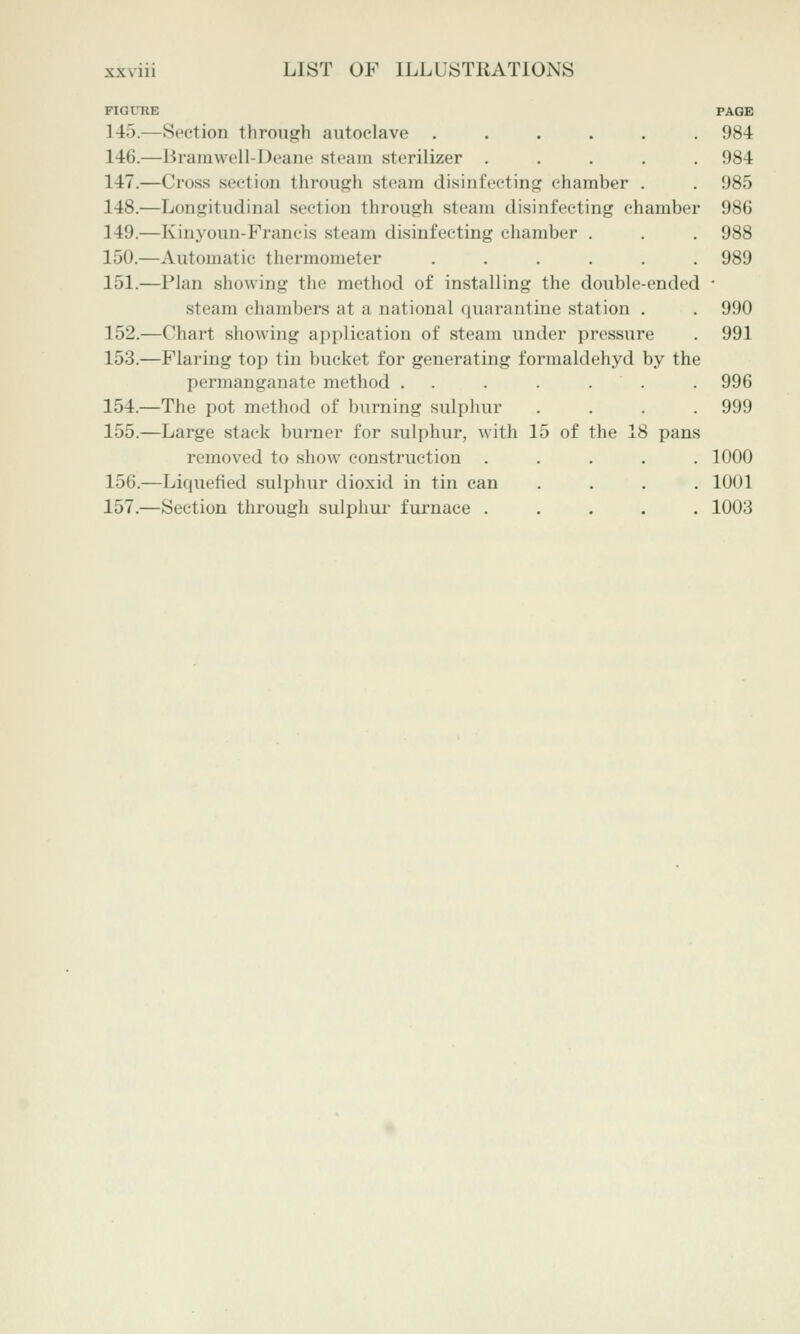 FIGURE PAGE 145.—Section through autoclave .... 146.—Brarawell-Deane steam sterilizer . 147.—Cross section through steam disinfecting chamber 148.—Longitudinal section through steam disinfecting chamber 986 149.—Kiuyoun-Francis steam disinfecting chamber . 150.—Automatic thermometer ..... 151.—Plan showing the method of installing the double-ended steam chambers at a national quarantine station . 152.—Chart showing application of steam under pressure 153.—Flaring top tin bucket for generating formaldehyd by the permanganate method . . . . . . 154.—The pot method of burning sulphur 155.—Large stack burner for sulphur, with 15 of the 18 pans removed to show construction .... 156.—Liquefied sulphur dioxid in tin can 157.—Section through sulphur furnace .... 984 984 985 988 989 990 991 996 999 1000 1001 1003