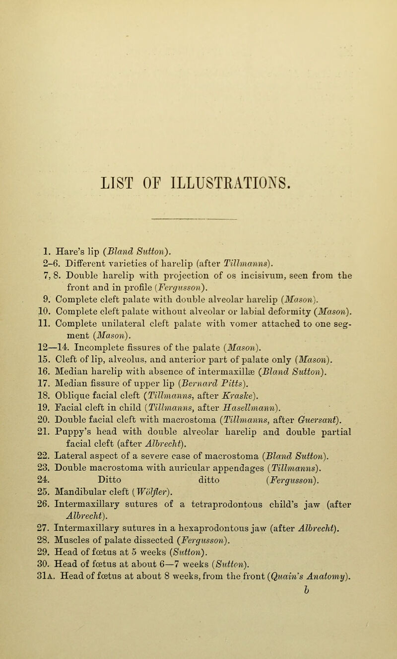 LIST or ILLUSTRATIONS. 1. Hare's lip (Bland 8^ltton). 2-6. Different varieties of harelip (after Tillmanns). 7, 8. Double harelip with projection of os incisiviim, seen from the front and in profile [Fergusson). 9. Complete cleft palate with double alveolar harelip (Mason). 10. Complete cleft palate without alveolar or labial deformity (Mason). 11. Complete unilateral cleft palate with vomer attached to one seg- ment (3Iason). 12—14. Incomplete fissures of the palate (Mason). 15. Cleft of lip, alveolus, and anterior part of palate only (Mason). 16. Median harelip with absence of inter maxillae (Bland Sutton). 17. Median fissure of upper lip {Bernard Pitts). 18. Oblique facial cleft (Tillmanns, after KrasTie). 19. Facial cleft in child {Tillmanns, after Hasellmann). 20. Double facial cleft with macrostoma (Tillmanns, after Ghiersant). 21. Puppy's head with double alveolar harelip and double partial facial cleft (after Albreclit). 22. Lateral aspect of a severe case of macrostoma (Bland Sutto^i). 23. Double macrostoma with auricular appendages {Tillmanns). 24. Ditto ditto {Fergusson). 25. Mandibular cleft (Ifo?/Zer). 26. Intermaxillary sutures of a teti*aprodontotis child's jaw (after Albrecht). 27. Intermaxillary sutures in a hexaprodontous jaw (after Albreclit). 28. Muscles of palate dissected (Fergusson). 29. Head of foetus at 5 weeks (Sutton). 30. Head of foetus at about 6—7 weeks {Sutton). 31a. Head of foetus at about 8 weeks, from the front (Quain's Anatomy). h