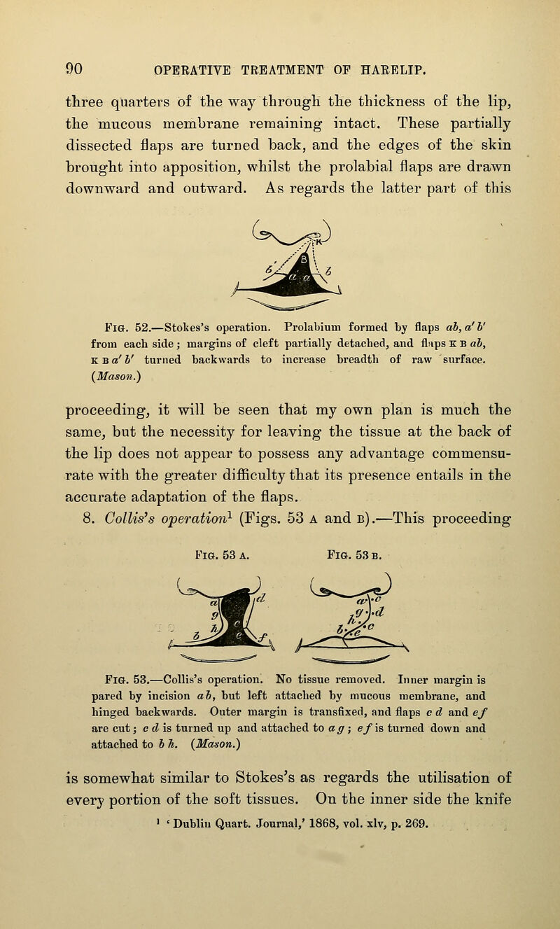 three quarters of the way through the thickness of the lip, the mucous membrane remaining intact. These partially dissected flaps are turned back, and the edges of the skin brought into apposition, whilst the prolabial flaps are drawn downward and outward. As regards the latter part of this Fig. 52.—Stokes's operation. Prolabium formed by flaps ab,a'h' from each side; margins of cleft partially detached, and fl ips K B ah, KB a'J' turned backwards to increase breadth of raw surface. (Mason.) proceeding, it will be seen that my own plan is much the same, but the necessity for leaving the tissue at the back of the lip does not appear to possess any advantage commensu- rate with the greater difiiculty that its presence entails in the accurate adaptation of the flaps. 8. Gollis^s operation^ (Figs. 53 a and b).—This proceeding Fig. 53 a. Fig. 53 b. ^^^•^ ^^ Fig. 53.—CoUis's operation. No tissue removed. Inner margin is pared by incision ah, but left attached by mucous membrane, and hinged backwards. Outer margin is transfixed, and flaps c d and ef are cut; c dh turned up and attached to a ^^; e/ is turned down and attached to h Ji. (Manon.) is somewhat similar to Stokes's as regards the utilisation of every portion of the soft tissues. On the inner side the knife » ' Dublin Quart. Journal,' 1868, vol. xlv, p. 269.