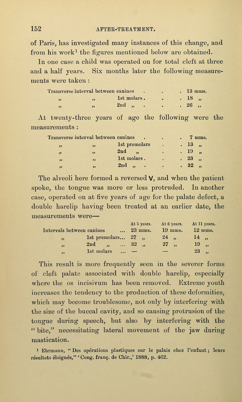 of Paris, has investigated many instances of this change, and from his work^ the figures mentioned below are obtained. In one case a child was operated on for total cleft at three and a half years. Six months later the following* measure- ments were taken : Transverse interval between canines . . .13 mms, „ „ 1st molars. . , . 18 „ „ „ 2nd „ . . . 26 „ At twenty-three years of age the following were the measurements : Transverse interval between canines 7 mms » >> 1st premolars . 13 „ » >> 2nd „ . 19 „ j» >} 1st molars. . 23 „ » 5> 2nd „ . . 32 „ The alveoli here formed a reversed V, and when the patient spoke, the tongue was more or less protruded. In another case, operated on at five years of age for the palate defect, a double harelip having been treated at an earlier date, the measurements were— At 5 years. At 6 years. At 11 years Is between canines 23 mms. 19 mms. 12 mms. „ 1st premolars... 27 „ 24 „ 14 „ 2nd 32 „ 27 „ 19 „ ,, 1st molars — — 23 „ This result is more frequently seen in the severer forms of cleft palate associated with double harelip, especially where the os incisivum has been removed. Extreme youth increases the tendency to the production of these deformities, which may become troublesome, not only by interfering with the size of the buccal cavity, and so causing protrusion of the tongue during speech, but also by interfering with the  bite, necessitating lateral movement of the jaw during mastication. 1 Ehrmann,  Des operations plastiques sur le palais chez I'enfant; leurs resultats eloignes, 'Cong. fran^. de Chir.,' 1888, p. 462.