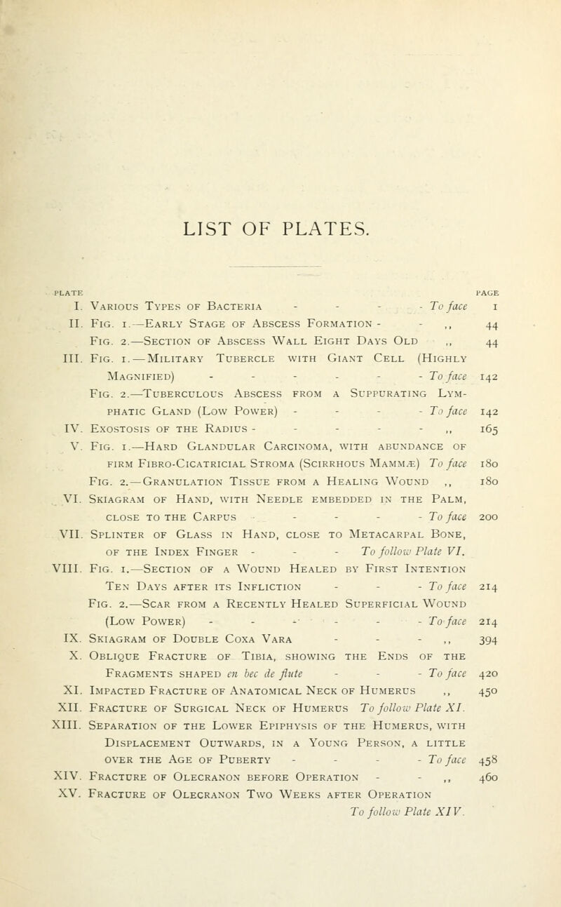 LIST OF PLATES. PLATE PAGE I. Various Types of Bacteria - - To face i II. Fig. i.—Early Stage of Abscess Formation - 44 Fig. 2.—Section of Abscess Wall Eight Days Old ,, 44 III. Fig. 1. — Military Tubercle with Giant Cell (Highly Magnified) - - To face 142 Fig. 2.—Tuberculous Abscess from a Suppurating Lym- phatic Gland (Low Power) - - - To face 142 IV. Exostosis of the Radius - - - ,, 165 V. Fig. 1.—Hard Glandular Carcinoma, with abundance of firm Fibro-Cicatricial Stroma (Scirrhous Mamm.e) To face 180 Fig. 2. — Granulation Tissue from a Healing Wound ,, 180 VI. Skiagram of Hand, with Needle embedded in the Palm, close to the Carpus - - - - To face 200 VII. Splinter of Glass in Hand, close to Metacarpal Bone, of the Index Finger - - To follow Plate VI. VIII. Fig. 1.—Section of a Wound Healed by First Intention Ten Days after its Infliction - - To face 214 Fig. 2.—Scar from a Recently Healed Superficial Wound (Low Power) - - To face 214 IX. Skiagram of Double Coxa Vara - - - 394 X. Oblique Fracture of Tibia, showing the Ends of the Fragments shaped en bee de flute - To face 420 XL Impacted Fracture of Anatomical Neck of Humerus ,, 450 XII. Fracture of Surgical Neck of Humerus To follow Plate XI. XIII. Separation of the Lower Epiphysis of the Humerus, with Displacement Outwards, in a Young Person, a little over the Age of Puberty - - To face 458 XIV. Fracture of Olecranon before Operation - ,, 460 XV. Fracture of Olecranon Two Weeks after Operation To follow Plate XIV.