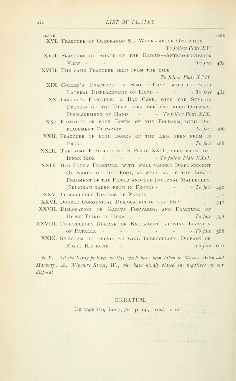 PLATE I'AGE XVI. Fracture of Olecranon Six Weeks after Operation To follow Plate XV. XVII. Fracture of Shaft of the Radius—Antero-posterior View - - To face 462 XVIII. The same Fracture seen from the Side To follow Plate XVII. XIX. Colles's Fracture : a Simple Case, without much Lateral Displacement of Hand - - To face 462 XX. Colles's Fracture : a Bad Case, with the Styloid Process of the Ulna torn off' and much Outward Displacement of Hand - - To follow Plate XIX. XXI. Fracture of both Bones of the Forearm, with Dis- placement Outwards - To face 466 XXII. Fracture of both Bones of the Leg, seen from in Front - - - -Toface 488 XXIII. The same Fracture as in Plate XXII., seen from the Inner Side - - To follow Plate XXII. XXIV. Bad Pott's Fracture, with well-marked Displacement Outwards of the Foot, as well as of the Lower Fragment of the Fibula and the Internal Malleolus. (Skiagram taken from in Front) - - To face 490 XXV. Tuberculous Disease of Radius - - ,, 514 XXVI. Double Congenital Dislocation of the Hip - ,, 542 XXVII. Dislocation of Radius Forwards, and Fracture of Upper Third of Ulna - - To face 558 XXVIII. Tuberculous Disease of Knee-joint, showing Invasion of Patella - - - - To face 588 XXIX. Skiagram of Pelvis, showing Tuberculous Disease of Right Hip-joint - - To face 616 N.B.—All the X-ray pictures in this work have been taken by Messrs. Allen and Hanbury, 48, Wigmore Street, W., who have kindly placed the negatives at our disposal. ERRATUM. On page 160, line 7, for ' p. 145,' read ' p. 181.