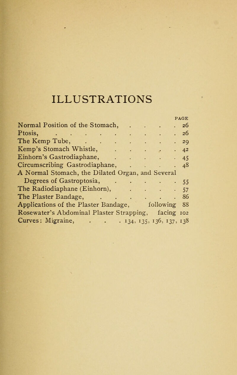 ILLUSTRATIONS PAGE Normal Position of the Stomach, . . . .26 Ptosis, 26 The Kemp Tube, 29 Kemp's Stomach Whistle, . . . . ,42 Einhorn's Gastrodiaphane, 45 Circumscribing Gastrodiaphane, . .48 A Normal Stomach, the Dilated Organ, and Several Degrees of Gastroptosia, 55 The Radiodiaphane (Einhorn), . . . -57 The Plaster Bandage, 86 Applications of the Plaster Bandage, following 88 Rosewater's Abdominal Plaster Strapping, facing 102 Curves: Migraine, . . . 134, 135, 136, 137, 138