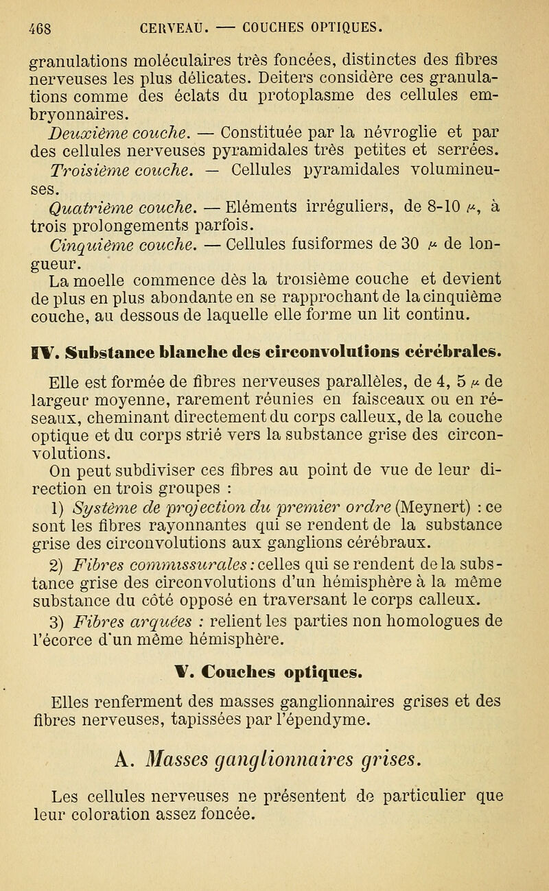 granulations moléculaires très foncées, distinctes des flbres nerveuses les plus délicates. Deiters considère ces granula- tions comme des éclats du protoplasme des cellules em- bryonnaires. Deuxième couche. — Constituée par la névroglie et par des cellules nerveuses pyramidales très petites et serrées. Troisième couche. — Cellules pyramidales volumineu- ses. Quatrième couche. — Eléments irréguliers, de 8-10 /^, à trois prolongements parfois. Cinquième couche. — Cellules fusiformes de 30 h- de lon- gueur. La moelle commence dès la troisième couche et devient de plus en plus abondante en se rapprochant de la cinquième couche, au dessous de laquelle elle îotvhq un lit continu. 1\, Substance blanche des circonvolutions cérébrales. Elle est formée de fibres nerveuses parallèles, de 4, 5 ^ de largeur moyenne, rarement réunies en faisceaux ou en ré- seaux, cheminant directement du corps calleux, de la couche optique et du corps strié vers la substance grise des circon- volutions. On peut subdiviser ces flbres au point de vue de leur di- rection en trois groupes : 1) Système de projection du premier ordre (Meynert) : ce sont les flbres rayonnantes qui se rendent de la substance grise des circonvolutions aux ganglions cérébraux. 2) Fibres commissurales : celles qui se rendent delà subs- tance grise des circonvolutions d'un hémisphère à la même substance du côté opposé en traversant le corps calleux. 3) Fibres arquées : relient les parties non homologues de l'écorce d'un même hémisphère. \, Couches optiques. Elles renferment des masses ganglionnaires grises et des flbres nerveuses, tapissées par Fépendyme. A. Masses ganglionnaii^es grises. Les cellules nerveuses ne présentent de particulier que leur coloration assez foncée.