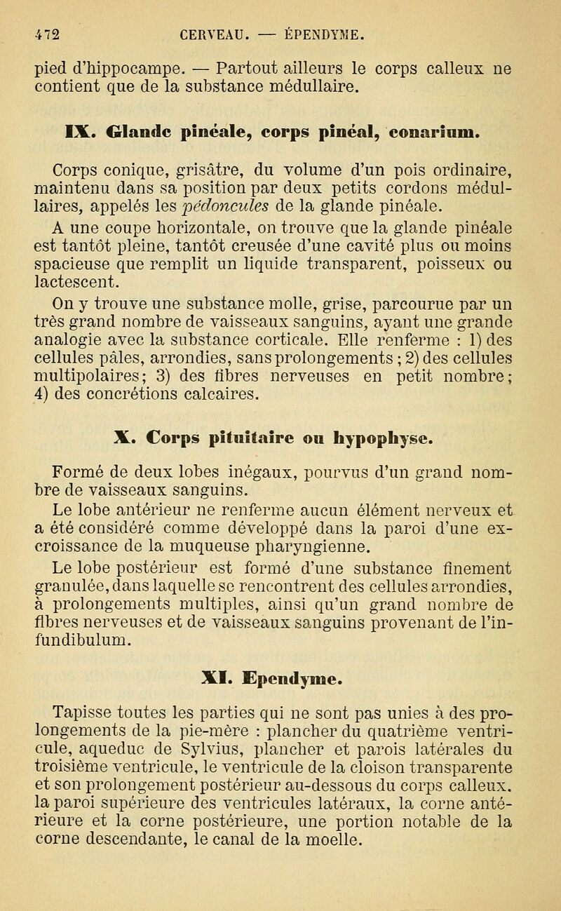 pied d'hippocampe. — Partout ailleurs le corps calleux ne contient que de la substance médullaire. IX. Glande pinéale, corps pinéal, conariam. Corps conique, grisâtre, du volume d'un pois ordinaire, maintenu dans sa position par deux petits cordons médul- laires, appelés les pédoncules de la glande pinéale. A une coupe horizontale, on trouve que la glande pinéale est tantôt pleine, tantôt creusée d'une cavité plus ou moins spacieuse que remplit un liquide transparent, poisseux ou lactescent. On y trouve une substance molle, grise, parcourue par un très grand nombre de vaisseaux sanguins, ayant une grande analogie avec la substance corticale. Elle renferme : 1) des cellules pâles, arrondies, sans prolongements ; 2) des cellules multipolaires; 3) des libres nerveuses en petit nombre; 4) des concrétions calcaires. X. Corps pituitaire on hypophyse. Formé de deux lobes inégaux, pourvus d'un grand nom- bre de vaisseaux sanguins. Le lobe antérieur ne renferme aucun élément nerveux et a été considéré comme développé dans la paroi d'une ex- croissance de la muqueuse pharyngienne. Le lobe postérieur est formé d'une substance finement granulée, dans laquelle se rencontrent des cellules arrondies, à prolongements multiples, ainsi qu'un grand nombre de fibres nerveuses et de vaisseaux sanguins provenant de l'in- fundibulum. XI. Ependyme. Tapisse toutes les parties qui ne sont pas unies à des pro- longements de la pie-mère : plancher du quatrième ventri- cule, aqueduc de Sylvius, plancher et parois latérales du troisième ventricule, le ventricule de la cloison transparente et son prolongement postérieur au-dessous du corps calleux, la paroi supérieure des ventricules latéraux, la corne anté- rieure et la corne postérieure, une portion notable de la corne descendante, le canal de la moelle.