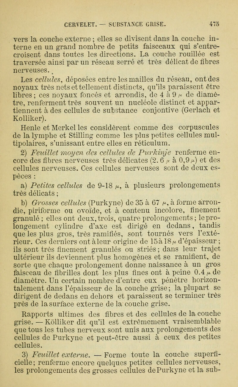 vers la couche externe ; elles se divisent dans la couche in- terne en un grand nombre de petits faisceaux qui s'entre- croisent dans toutes les directions. La couche rouillée est traversée ainsi par un réseau serré et très délicat de fibres nerveuses., Les cellules, déposées entre les mailles du réseau, ont des noyaux très nets et tellement distincts, qu'ils paraissent être libres ; ces noyaux foncés et arrondis, de 4 à 9 /^ de diamè- tre, renferment très souvent un nucléole distinct et appar- tiennent à des cellules de substance conjontive (Gerlach et Kolliker). Henle et Merkel les considèrent comme des corpuscules de la lymphe et Stilling comme les plus petites cellules mul- tipolaires, s'unissant entre elles en réticulum. 2) Feuillet moyen des cellules de Purkinje renferme en- core des fibres nerveuses très délicates (2. 6 « à 0,9 ;u) et des cellules nerveuses. Ces cellules nerveuses sont de deux es- pèces : a) Petites cellules de 9-18 /^, à plusieurs prolongements très délicats ; b) Grosses celhdes (Purkyne) de 35 à 67 ^, à forme arron- die, piriforme ou ovoïde, et à contenu incolore, finement granulé ; elles ont deux, trois, quatre prolongements ; le pro- longement cylindre d'axe est dirigé en dedans, tandis que les plus gros, très ramifiés, sont tournés vers l'exté- rieur. Ces derniers ontàleur origine de loàlS.u d'épaisseur ; ils sont très finement granulés ou striés ; dans leur trajet ultérieur ils deviennent plus homogènes et se ramifient, de sorte que chaque prolongement donne naissance à un gros faisceau de fibrilles dont les plus fines ont à peine 0.4 .a de diamètre. Un certain nombre d'entre eux pénètre horizon- talement dans l'épaisseur de la couche grise ; la plupart se dirigent de dedans en dehors et paraissent se terminer très près de la surface externe de la couche grise. Rapports ultimes des fibres et des cellules de la couche grise. — Kolliker dit qu'il est extrêmement vraisemblable que tous les tubes nerveux sont unis aux prolongements des cellules de Purkyne et peut-être aussi à ceux des petites cellules. 3) Feuillet externe. — Forme toute la couche superfi- cielle; renferme encore quelques petites cellules nerveuses, les prolongements des grosses cellules de Purkyne et la sub-