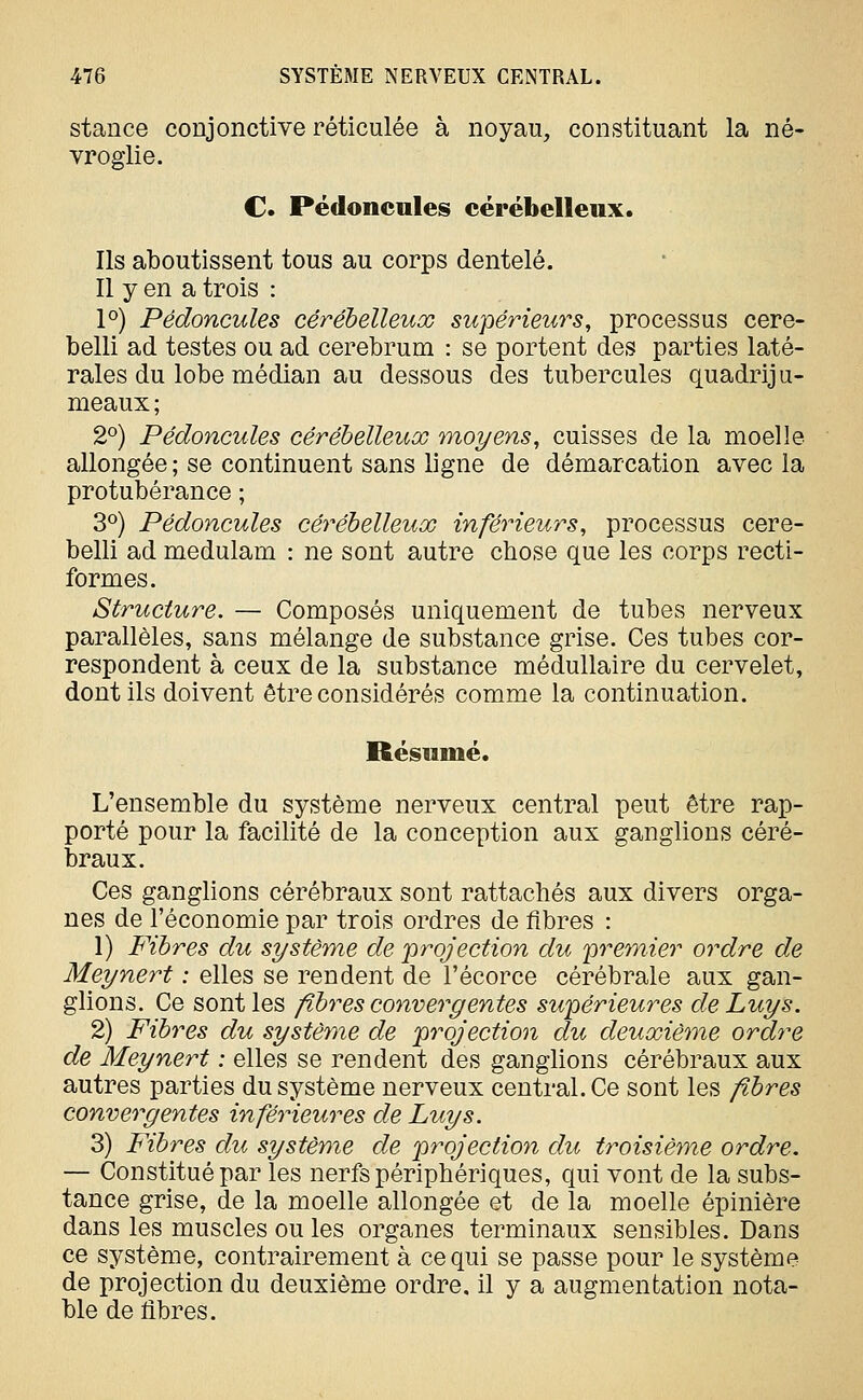 stance conjonctive réticulée à noyau, constituant la né- vroglie. C. Pédoncules cérébelleux. Ils aboutissent tous au corps dentelé. 11 y en a trois : P) Pédoncules cérébelleux supérieurs, processus cere- belli ad testes ou ad cerebrum : se portent des parties laté- rales du lobe médian au dessous des tubercules quadriju- meaux; 2°) Pédoncules cérébelleux moyens, cuisses de la moelle allongée ; se continuent sans ligne de démarcation avec la protubérance ; 3^) Pédoncules cérébelleux inférieurs, processus cere- belli ad medulam : ne sont autre chose que les corps recti- formes. Structure. — Composés uniquement de tubes nerveux parallèles, sans mélange de substance grise. Ces tubes cor- respondent à ceux de la substance médullaire du cervelet, dont ils doivent être considérés comme la continuation. Résumé. L'ensemble du système nerveux central peut être rap- porté pour la facilité de la conception aux ganglions céré- braux. Ces ganglions cérébraux sont rattachés aux divers orga- nes de l'économie par trois ordres de fibres : 1) Fibres du système de projection du premier ordre de Meynert : elles se rendent de l'écorce cérébrale aux gan- glions. Ce senties fibres convergentes supérieures de Luys. 2) Fibres du système de 'projection du deuxième ordre de Meynert : elles se rendent des ganglions cérébraux aux autres parties du système nerveux central. Ce sont les fibres convergentes inférieures de Luys. 3) Fibres du système de projection du troisième ordre. — Constitué par les nerfs périphériques, qui vont de la subs- tance grise, de la moelle allongée et de la moelle épinière dans les muscles ou les organes terminaux sensibles. Dans ce système, contrairement à ce qui se passe pour le système de projection du deuxième ordre, il y a augmentation nota- ble de fibres.