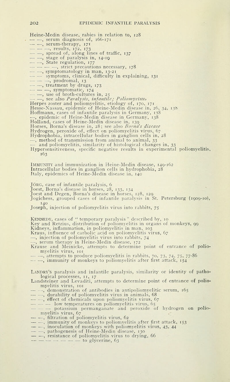Heine-Medin disease, rabies in relation to, 128 , serum diagnosis of, 166-171 — —, serum-therapy, 171 , results, 172, 173 , spread of, along lines of traffic, 137 , stage of paralysis in, 14-19 , State regulation, 177 , strict precautions necessary, 178 , symptomatology in man, 13-21 symptoms, clinical, difficulty in explaining, 131 , prodromal, 13 , treatment by drugs, 173 , symptomatic, 174 , use of broth-cultures in, 25 , see also Paralysis, infantile; Poliomyelitis Herpes zoster and poliomyelitis, etiology of, 170, 171 Hesse-Xassau, epidemic of Heine-Medin disease in, 26, 34, 13b Hoffmann, cases of infantile paralysis in Germany, 138 —, epidemic of Heine-Medin disease in Germany, 138 Holland, cases of Heine-Medin disease in, 139 Horses, Borna's disease in, 28; see also Bo ma's disease Hydrogen, peroxide of, effect on poliomyelitis virus, 67 Hydrophobia, intracellular bodies in ganglion cells in, 28 —, method of transmission from animal to animal, 33 — and poliomyelitis, similarity of histological changes in, 33 Hypersensitiveness, specific negative results in experimental poliomyelitis, 163 Immunity and immunization in Heine-Medin disease, 149-162 Intracellular bodies in ganglion cells in hydrophobia, 28 Italy, epidemics of Heine-Medin disease in, 14c JORG, case of infantile paralysis, 6 Joest, Borna's disease in horses, 28, 133, 134 Joest and Degen, Borna's disease in horses, 128, 129 Jogichess, grouped cases of infantile paralysis in St. Petersburg (1909-10), 140 Joseph, injection of poliomyelitis virus into rabbits, 75 Kennedy, cases of temporary paralysis described by, 10 Key and Retzius, distribution of poliomyelitis in organs of monkeys, 99 Kidneys, inflammation, in poliomyelitis in man, 103 Kraus, influence of carbolic acid on poliomyelitis virus, 67 —, injection of poliomyelitis virus into rabbits, 74 —, serum therapy in Heine-Medin disease, 172 Krause and Meinicke, attempts to determine point of entrance of polio- myelitis virus, 101 , attempts to produce poliomyelitis in rabbits, 70, 73, 74, 75, 77-86 , immunity of monkeys to poliomyelitis after first attack, 154 Landry's paralysis and infantile paralysis, similarity or identity of patho- logical processes, 11, 17 Landsteiner and Levaditi, attempts to determine point of entrance of polio- myelitis virus, 101 , demonstration of antibodies in antipoliomyelitic serum, 165 , durability of poliomyelitis virus in animals, 68 , effect of chemicals upon poliomyelitis virus, 67 low temperatures on poliomyelitis virus, 65 potassium permanganate and peroxide of hydrogen on polio- myelitis virus, 67 , filtration of poliomyelitis virus, 62 , immunity of monkeys to poliomyelitis after first attack, 153 , inoculation of monkeys with poliomyelitis virus, 43, 44 , pathogenesis of Heine-Medin disease, 130 , resistance of poliomyelitis virus to drying, 66 — to glvcerine, 63