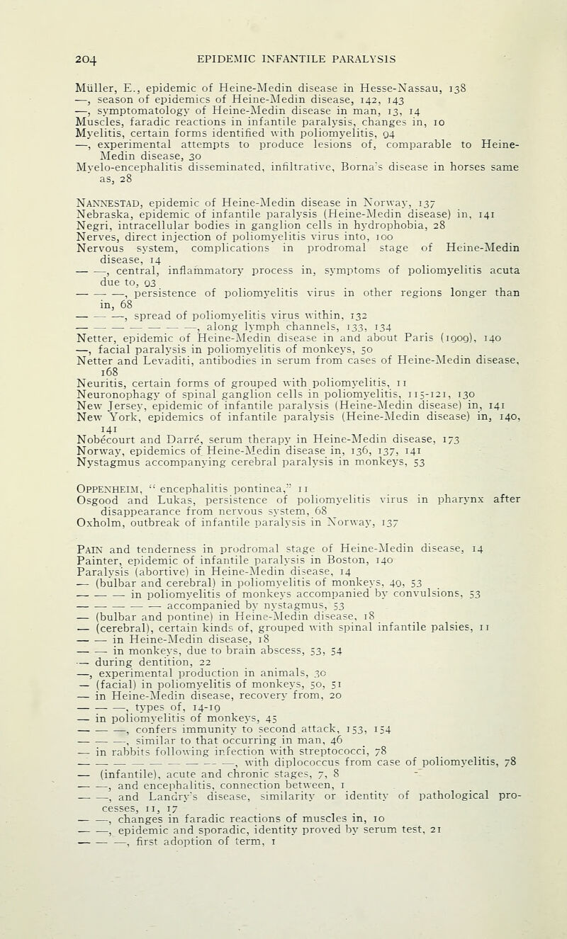 Mliller, E., epidemic of Heine-Medin disease in Hesse-Nassau, 138 —j season of epidemics of Heine-Medin disease, 142, 143 —, symptomatology of Heine-Medin disease in man, 13, 14 Muscles, faradic reactions in infantile paralysis, changes in, 10 Myelitis, certain forms identified with poliomyelitis, g4 —, experimental attempts to produce lesions of, comparable to Heine- Medin disease, 30 Myelo-encephalitis disseminated, infiltrative, Borna's disease in horses same as, 28 Nannestad, epidemic of Heine-Medin disease in Norway, 137 Nebraska, epidemic of infantile paralysis (Heine-Medin disease) in, 141 Negri, intracellular bodies in ganglion cells in hydrophobia, 28 Nerves, direct injection of poliomyelitis virus into, 100 Nervous system, complications in prodromal stage of Heine-Medin disease, 14 , central, inflammatory process in, symptoms of poliomyelitis acuta due to, 03 , persistence of poliomyelitis virus in other regions longer than in, 68 , spread of poliomyelitis virus within, 132 ■ , along lymph channels, 133, 134 Netter, epidemic of Heine-Medin disease in and about Paris (igog), 140 —, facial paralysis in poliomyelitis of monkeys, 50 Netter and Levaditi, antibodies in serum from cases of Heine-Medin disease, 168 Neuritis, certain forms of grouped with poliomyelitis, 11 Neuronophagy of spinal ganglion cells in poliomyelitis, 115-121, 130 New Jersey, epidemic of infantile paralysis (Heine-Medin disease) in, 141 New York, epidemics of infantile paralysis (Heine-Medin disease) in, 140, J4i .... Nobecourt and Darre, serum therapy in Heine-Medin disease, 173 Norway, epidemics of Heine-Medin disease in, 136, 137, 141 Nystagmus accompanying cerebral paralysis in monkeys, 53 Oppexheim, ''•' encephalitis pontinea, 11 Osgood and Lukas, persistence of poliomyelitis virus in pharynx after disappearance from nervous system, 68 Oxholm, outbreak of infantile paralysis in Norway, 137 Pain and tenderness in prodromal stage of Heine-Medin disease. 14 Painter, epidemic of infantile paralysis in Boston, 140 Paralysis (abortive) in Heine-Medin disease, 14 — (bulbar and cerebral) in poliomyelitis of monkeys, 40, 53 -in poliomyelitis of monkeys accompanied by convulsions, 53 accompanied by nystagmus, 53 — (bulbar and pontine) in Heine-Medin disease, 18 — (cerebral), certain kinds of, grouped with spinal infantile palsies, 11 -in Heine-Medin disease, 18 —■ — in monkeys, due to brain abscess, 53, 54 — during dentition, 22 —, experimental production in animals, 30 — (facial) in polionryelitis of monkeys, 50, 31 — in Heine-Medin disease, recovery from, 20 , types of, 14-ig — in poliomyelitis of monkeys, 45 , confers immunity to second attack, 153, 154 — , similar to that occurring in man, 46 — in rabbits following infection with streptococci, 78 , with diplococcus from case of poliomyelitis, 78 — (infantile), acute and chronic stages, 7, 8 , and encephalitis, connection between, 1 , and Landry's disease, similarity or identity of pathological pro- cesses, 11, 17 , changes in faradic reactions of muscles in, 10 — -—, epidemic and sporadic, identity proved by serum test, 21 —, first adoption of term, 1