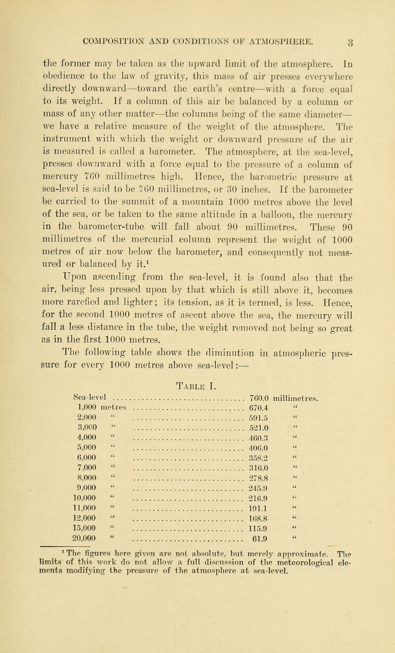 the former may be taken as the upward limit of the atmosphere. In obedience to the law of gravity, this mass of air presses everywhere directly downward—toward the earth's centre—with a force equal to its weight. If a column of this air be balanced by a column or mass of any other matter—the columns being of the same diameter— we have a relative measure of the weight of the atmosphere. The instrument with which the weiglit or downward pressure of the air is measured is called a barometer. The atmosphere, at the sea-level, presses downward with a force equal to the pressure of a column of mercury 760 millimetres high. Hence, the barometric pressure at sea-level is said to be 760 millimetres, or 30 inches. If the barometer be carried to the summit of a mountain 1000 metres above the level of the sea, or be taken to the same altitude in a balloon, the mercury in the barometer-tube will fall about 90 millimetres. These 90 millimetres of the mercurial column represent the weight of 1000 metres of air now below the barometer, and consequently not meas- ured or balanced by it.^ Upon ascending from the sea-level, it is found also that the air, being less pressed upon by that which is still above it, becomes more rarefied and lighter; its tension, as it is termed, is less. Hence, for the second 1000 metres of ascent above the sea, the mercury will fall a less distance in the tube, the weight removed not being so great as in the first 1000 metres. The following table shows the diminution in atmospheric pres- sure for every 1000 metres above sea-level:— Table I. Sea-level 760.0 millimetres. 1,000 metres 670.4  2,000 3,000 4,000 5,000 6,000 7,000 8,000 9,000 10,000 11,000 12,000 15,000 20,000 591.5 521.0 460.3 406.0 358.2 316.0 278.8 245.9 216.9 191.1 168.8 115.9 61.9 ^Tho fij^ires here given are not absolute, but merely approximate. The limits of tbis work do not allow a full discussion of the meteorological ele- ments modifying the pressure of the atmosphere at sea-level.
