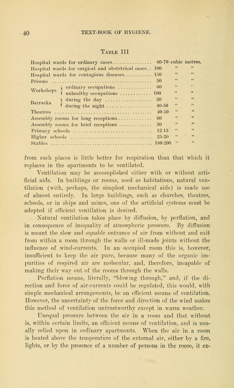 Table III Hospital wards for ordinary cases 60-70 cubic metres. Hospital wards for surgical and obstetrical cases. . 100   Hospital wards for contagious diseases 150   Prisons 50 ( ordinary occupations 60  ( unhealthy occupations 100   S during the day 30   Barracks i ^ ■ .-, ■ ■.. ^n -n   < during the night 40-o0 Theatres 40-50  Assembly rooms for long receptions 60   Assembly rooms for brief receptions 30   Primary schools 12-15   Higher schools 25-30  ' ' Stables 180-200  from such places is little better for respiration than that which it replaces in the apartments to be ventilated. Ventilation may be accomplished either with or without arti- ficial aids. In buildings or rooms, used as habitations, natural ven- tilation (with, perhaps, the simplest mechanical aids) is made use of almost entirely. In large buildings, such as churches, theatres, schools, or in ships and mines, one of the artificial systems must be adopted if efficient ventilation is desired. Natural ventilation takes place by diffusion, by perflation, and in consequence of inequality of atmospheric pressure. By difl'usion is meant the slow and equable entrance of air from without and exit from within a room through the walls or ill-made joints without the influence of wind-currents. In an occupied room this is, however, insufficient to keep the air pure, because many of the organic im- purities of respired air are molecular, and, therefore, incapable of making their way out of the rooms through the walls. Perflation means, literall}^, T^lowing through, and, if the di- rection and force of air-currents could be regulated, this would, with simple mechanical arrangements, be an efficient means of ventilation. However, the uncertainty of the force and direction of the wind makes this method of ventilation untrustworthy except in warm weather. Unequal pressure between the air in a room and that without is, within certain limits, an efficient means of ventilation, and is usu- ally relied upon in ordinary apartments. When the air in a room is heated above the temperature of the external air, either by a fire, lights, or by the presence of a number of persons in the room, it ex-
