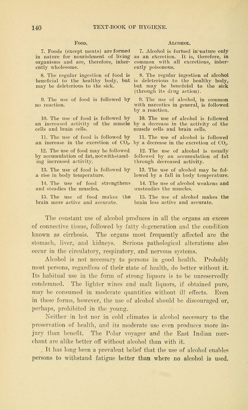 Food. Alcohol. 7. Foods (except meats) are formed 7. Alcohol is formed in^nature only in nature for nourishment of living as an eiicretion. It is, therefore, in organisms and are, therefore, inlier- common with all excretions, inher- ently wholesome. ently poisonous, 8. The regular ingestion of food is 8. The regular ingestion of alcohol beneficial to the healthy body, but is deleterious to the healthy body, may be deleterious to the sick. but may be beneficial to the sick (through its drug action). 9. The use of food is followed by 9. The use of alcohol, in common no reaction. with narcotics in general, is followed by a reaction. 10. The use of food is followed by 10. The use of alcohol is followed an increased activity of the muscle by a decrease in the activity of the cells and brain cells. muscle cells and brain cells. 11. The use of food is followed by 11. The use of alcohol is followed an increase in the excretion of CO2. by a decrease in the excretion of CO2. 12. The use of food may be followed 12. The use of alcohol is usually by accumulation of fat, notwithstand- followed by an accumulation of fat ing increased activity. through decreased activity. 13. The use of food is followed by 13. The use of alcohol may be fol- a rise in body temperature. lowed by a fall in body temperature. 14. The use of food strengthens 14. The use of alcohol weakens and and steadies the muscles. unsteadies the muscles. 15. The use of food makes the 15. The use of alcohol makes the brain more active and accurate. brain less active and accurate. The constant use of alcohol produces in all the organs an excess of connective tissue, followed by fatty degeneration and the condition known as cirrhosis. The organs most frequently affected are the stomach, liver, and kidneys. Serious pathological alterations also occur in the circulatory, respiratory, and nervous systems. Alcohol is not necessary to persons in good health. Probably most persons, regardless of their state of health, do better without it. Its habitual use in the form of strong liquors is to be unreservedly condemned. The lighter wines and malt liquors, if obtained pure, may be consumed in moderate quantities without ill effects. Even in these forms, however, the use of alcohol should be discouraged or, perhaps, prohibited in the young. Neither in hot nor in cold climates is alcohol necessary to the preservation of health, and its moderate use even produces more in- jury than benefit. The Polar voyager and the East Indian mer- chant are alike better off without alcohol than with it. , It has long been a prevalent belief that the use of alcohol enables persons to withstand fatigue better than where no alcohol is used.