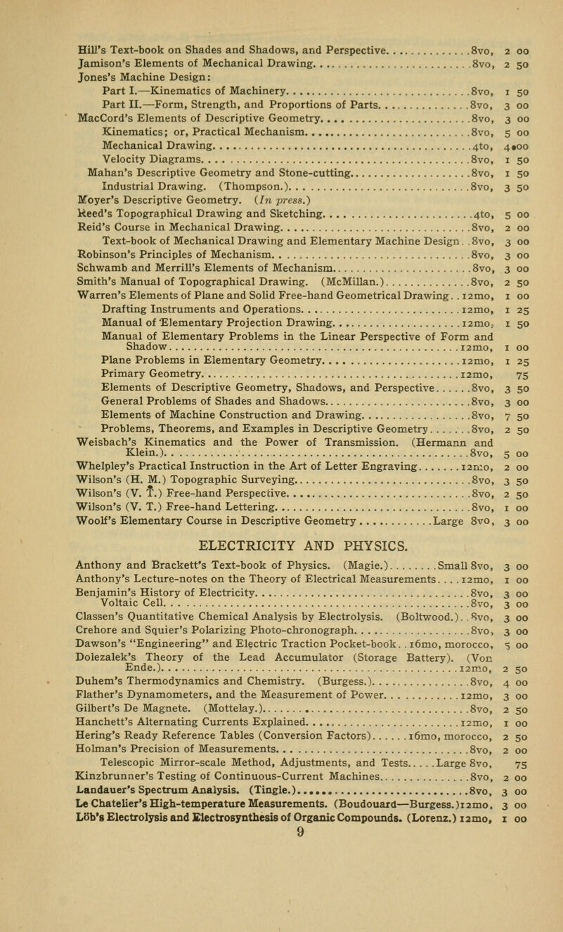 Hill's Text-book on Shades and Shadows, and Perspective 8vo, Jamison's Elements of Mechanical Drawing 8vo, Jones's Machine Design: Part I.—Kinematics of Machinery 8vo, Part II.—Form, Strength, and Proportions of Parts 8vo, MacCord's Elements of Descriptive Geometry 8vo, Kinematics; or, Practical Mechanism 8vo, Mechanical Drawing 4to, Velocity Diagrams 8vo, Mahan's Descriptive Geometry and Stone-cutting 8vo, Industrial Drawing. (Thompson.) 8vo, Moyer's Descriptive Geometry. (In press.) Reed's Topographical Drawing and Sketching 4to, Reid's Course in Mechanical Drawing 8vo, Text-book of Mechanical Drawing and Elementary Machine Design. .8vo, Robinson's Principles of Mechanism 8vo, Schwamb and Merrill's Elements of Mechanism 8vo, Smith's Manual of Topographical Drawing. (McMillan.) 8vo, Warren's Elements of Plane and Solid Free-hand Geometrical Drawing. . i2mo, Drafting Instruments and Operations nmo, Manual of 'Elementary Projection Drawing nmoj Manual of Elementary Problems in the Linear Perspective of Form and Shadow i2mo, Plane Problems in Elementary Geometry i2mo, Primary Geometry nmo, Elements of Descriptive Geometry, Shadows, and Perspective 8vo, General Problems of Shades and Shadows 8vo, Elements of Machine Construction and Drawing 8vo, Problems, Theorems, and Examples in Descriptive Geometry 8vo, Weisbach's Kinematics and the Power of Transmission. (Hermann and Klein.) 8vo, Whelpley's Practical Instruction in the Art of Letter Engraving nmo, Wilson's (H. M.) Topographic Surveying 8vo, Wilson's (V. T.) Free-hand Perspective 8vo, Wilson's (V. T.) Free-hand Lettering 8vo, Woolf's Elementary Course in Descriptive Geometry Large 8vo, ELECTRICITY AND PHYSICS. Anthony and Brackett's Text-book of Physics. (Magie.) Small 8vo, Anthony's Lecture-notes on the Theory of Electrical Measurements. . . . nmo, Benjamin's History of Electricity 8vo, Voltaic Cell 8vo, Classen's Quantitative Chemical Analysis by Electrolysis. (Boltwood.). . 8vo, Crehore and Squier's Polarizing Photo-chronograph 8vo, Dawson's Engineering and Electric Traction Pocket-book. . i6mo, morocco, Dolezalek's Theory of the Lead Accumulator (Storage Battery). (Von Ende.) nmo, Duhem's Thermodynamics and Chemistry. (Burgess.) 8vo, Flather's Dynamometers, and the Measurement of Power nmo, Gilbert's De Magnete. (Mottelay.) 8vo, Hanchett's Alternating Currents Explained nmo, Hering's Ready Reference Tables (Conversion Factors) i6mo, morocco, Holman's Precision of Measurements 8vo, Telescopic Mirror-scale Method, Adjustments, and Tests Large 8vo, Kinzbrunner's Testing of Continuous-Current Machines 8vo, Landauer's Spectrum Analysis. (Tingle.) 8vo, Le Chatelier's High-temperature Measurements. (Boudouard—Burgess. )i2mo. 9 2 oo 2 50 I 50 3 oo 3 00 5 oo 4»oo i 50 i 5o 3 5o 5 00 2 00 3 00 3 00 3 00 2 50 I 00 I 25 I 5o I 00 I 25 75 3 50 3 00 7 50 2 50 5 00 2 00 3 5o 2 50 I 00 3 00 3 00 i 00 3 00 3 00 3 00 3 00 5 00 2 50 4 00 3 00 2 5o I 00 2 50 2 00 75 2 00 3 00 3 00