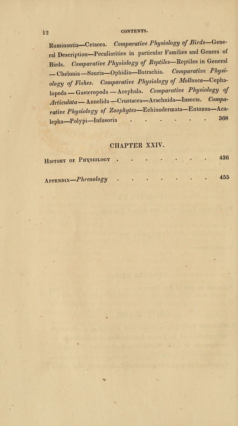 Ruminantia—Cetacea. Comparative Physiology of Birds—Gene- ral Description—Peculiarities in particular Families and Genera of Birds. Comparative Physiology of Peptiles—Ue^iWes in General — Chelonia—Sauria—Ophidia—Batrachia. Comparative Physi- ology of Fishes. Comparative Physiology of Mollusca—QeY>\i^- lopoda —Gasteropoda—Acephala. Comparative Physiology of Jlrticulata — Annelida —Crustacea-Arachnida—Insects. Compa- rative Physiology of Zoojj/tyfes—Echinodermata—Entozoa—Aca- lepha—Polypi—Infusoria 368 CHAPTER XXIV. History of Physiology . . • ' .' , / ' ^^^ kv^mmx—Phrenology ^55