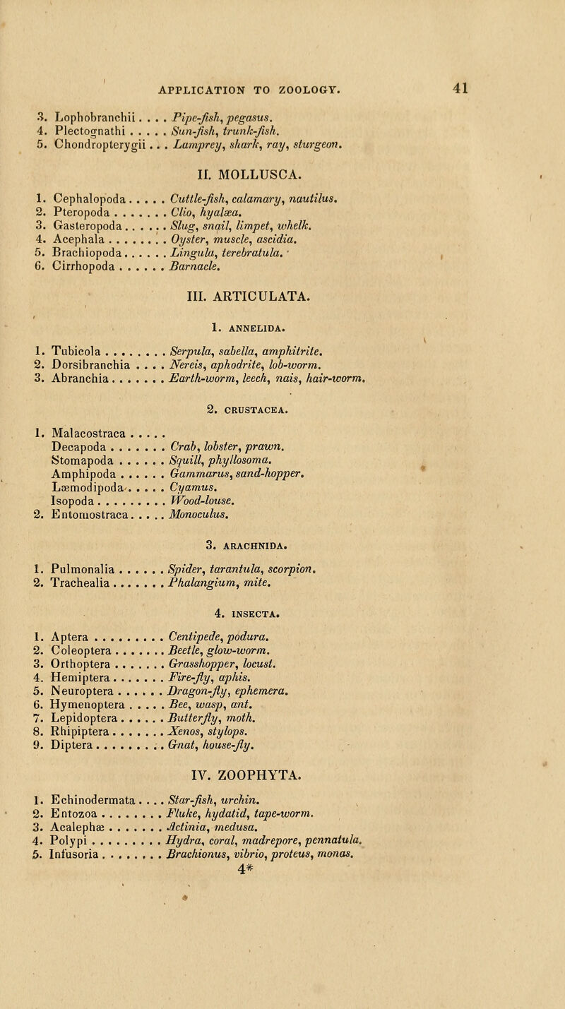 3. Lophobranchii. . . . Pipe-fish, pegasus. 4. Plectognathi Sun-fish, trunk-fish. 5. Chondropterygii.. . Lamprey, shark, ray, sturgeon. II. MOLLUSCA. 1. Cephalopoda Cuttle-fish, calamary, nautilus. 2. Pteropoda Clio, hyalsea. 3. Gasteropoda Slug, snail, limpet, whelk. 4. Acephala Oyster, muscle, ascidia. 5. Brachiopoda Lingula, terebratula. • , 6. Cirrhopoda Barnacle. III. ARTICULATA. I. ANNELIDA. 1. Tubicola Serpula, sabella, amphitrite. 2. Dorsibranchia .... Nereis, aphodrite, lob-worm. 3. Abranchia Earth-worm, leech, nais, hair-worm. 2. CRUSTACEA. 1. Malacostraca Decapoda Crab, lobster, prawn. Stomapoda Squill, phyllosoma, Amphipoda Gammarus, sand-hopper. Lsemodipoda' Cyamus. Isopoda Wood-louse. 2. Entomostraca Monoculus. 3. ARACHNIDA. 1. Pulmonalia Spider, tarantula, scorpion, 2. Trachealia Fhalangium, mite. 4. INSECTA. 1. Aptera Centipede, podura. 2. Coleoptera Beetle, glow-worm. 3. Orthoptera Grasshopper, locust. 4. Hemiptera Fire-fly, aphis. 5. Neuroptera Dragon-fly, ephemera. 6. Hymenoptera Bee, wasp, ant. 7. Lepidoptera Butterfly, moth. 8. Rhipiptera Xenos, stylops. 9. Diptera Gnat, house-fly. IV. ZOOPHYTA. 1. Echinodermata .... Star-fish, urchin. 2. Entozoa Fluke, hydatid, tape-worm. 3. Acalephse Actinia, medusa. 4. Polypi Hydra, coral, madrepore, pennatula. 6. Infusoria Brachionus, vibrio, proteus, monas. 4*