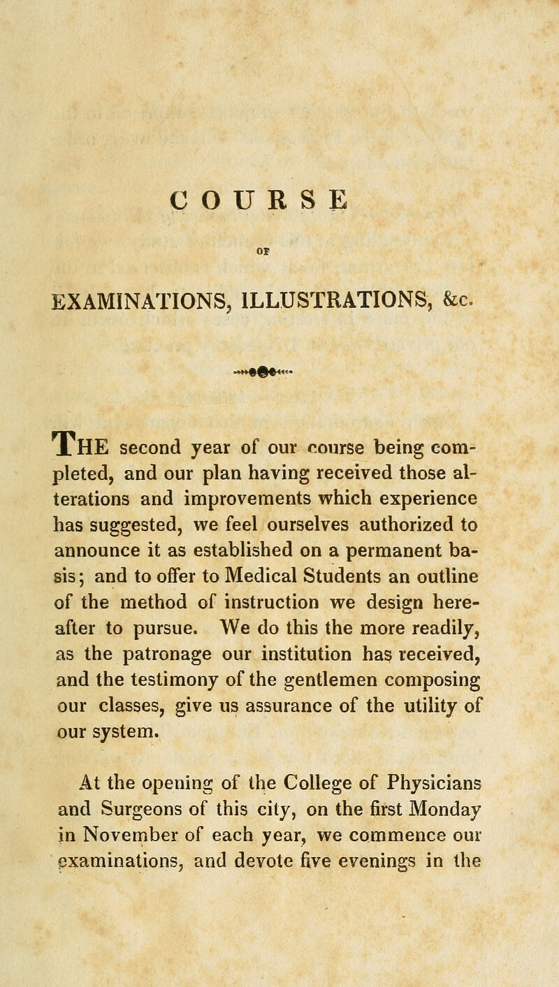 COURSE EXAMINATIONS, ILLUSTRATIONS, &c. J. HE second year of our course being com- pleted, and our plan having received those al- terations and improvements which experience has suggested, we feel ourselves authorized to announce it as established on a permanent ba- sis ; and to offer to Medical Students an outline of the method of instruction we design here- after to pursue. We do this the more readily, as the patronage our institution has received, and the testimony of the gentlemen composing our classes, give us assurance of the utility of our system. At the opening of the College of Physicians and Surgeons of this city, on the first Monday in November of each year, we commence our examinations, and devote five evenings in the