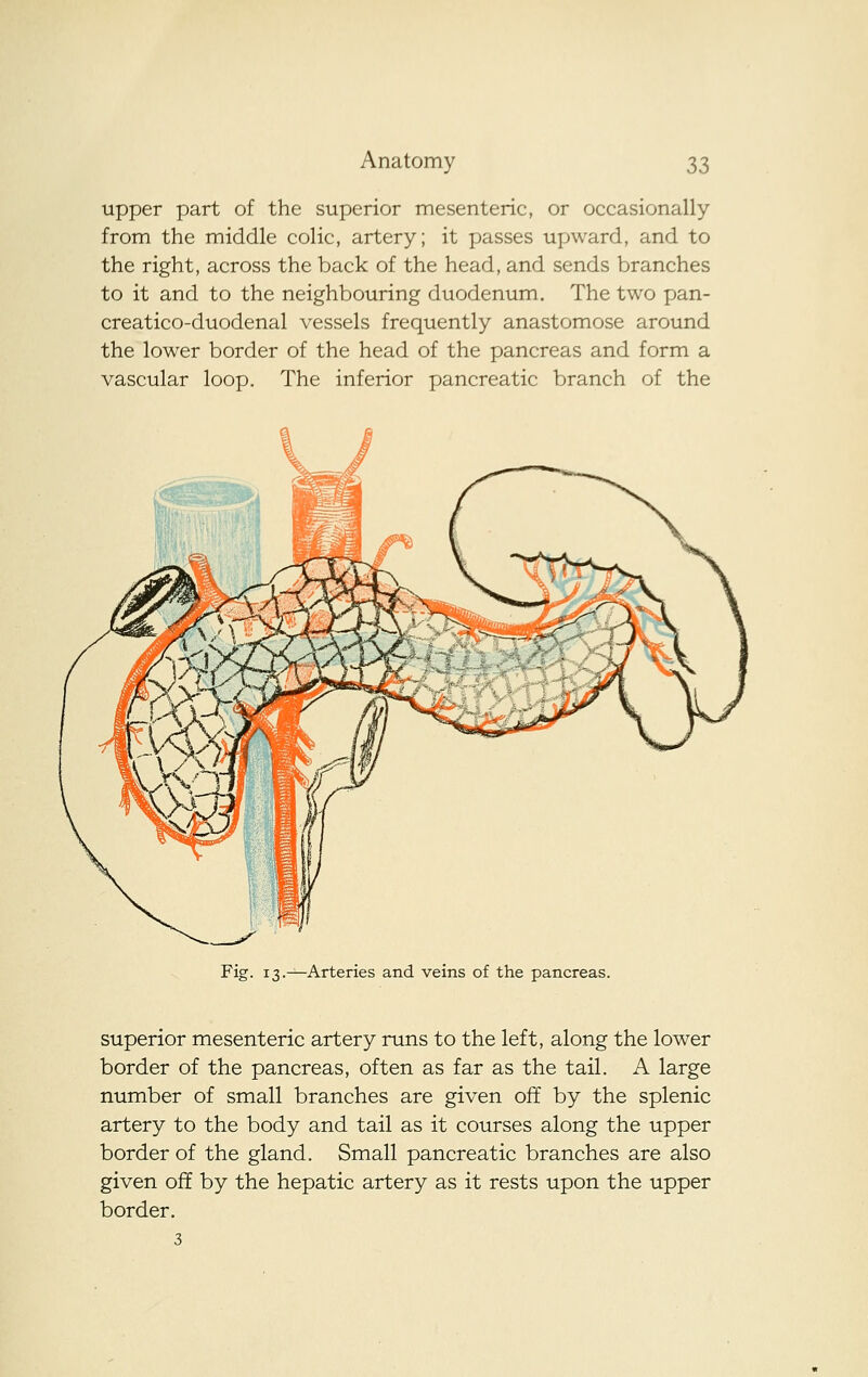 upper part of the superior mesenteric, or occasionally from the middle colic, artery; it passes upward, and to the right, across the back of the head, and sends branches to it and to the neighbouring duodenum. The two pan- creatico-duodenal vessels frequently anastomose around the lower border of the head of the pancreas and form a vascular loop. The inferior pancreatic branch of the Fig. 13.—Arteries and veins of the pancreas. superior mesenteric artery runs to the left, along the lower border of the pancreas, often as far as the tail. A large number of small branches are given off by the splenic artery to the body and tail as it courses along the upper border of the gland. Small pancreatic branches are also given off by the hepatic artery as it rests upon the upper border. 3