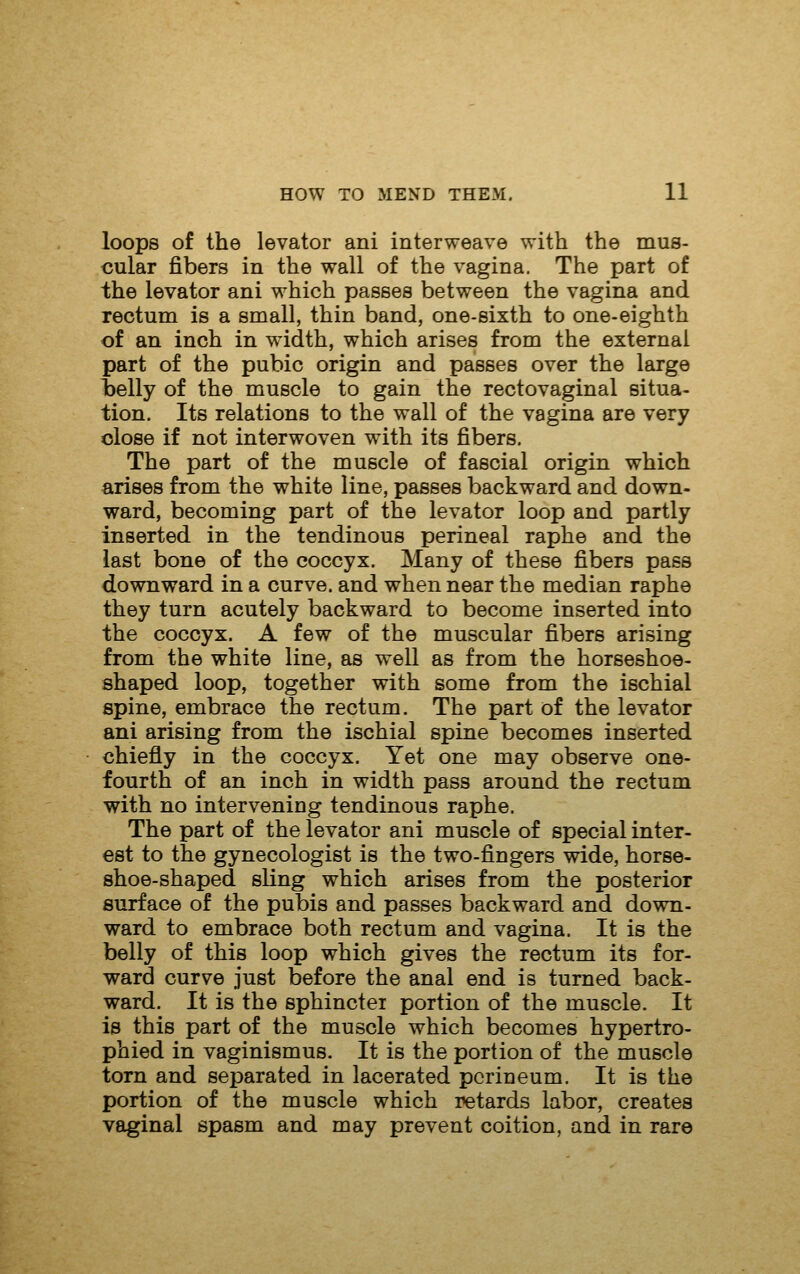 loops of the levator ani interweave with the mus- cular fibers in the wall of the vagina. The part of the levator ani which passes between the vagina and rectum is a small, thin band, one-sixth to one-eighth of an inch in width, which arises from the external part of the pubic origin and passes over the large l)elly of the muscle to gain the rectovaginal situa- tion. Its relations to the wall of the vagina are very close if not interwoven with its fibers. The part of the muscle of fascial origin which arises from the white line, passes backward and down- ward, becoming part of the levator loop and partly inserted in the tendinous perineal raphe and the last bone of the coccyx. Many of these fibers pass downward in a curve, and when near the median raphe they turn acutely backward to become inserted into the coccyx. A few of the muscular fibers arising from the white line, as well as from the horseshoe- shaped loop, together with some from the ischial spine, embrace the rectum. The part of the levator ani arising from the ischial spine becomes inserted chiefly in the coccyx. Yet one may observe one- fourth of an inch in width pass around the rectum with no intervening tendinous raphe. The part of the levator ani muscle of special inter- est to the gynecologist is the two-fingers wide, horse- shoe-shaped sling which arises from the posterior surface of the pubis and passes backward and down- ward to embrace both rectum and vagina. It is the belly of this loop which gives the rectum its for- ward curve just before the anal end is turned back- ward. It is the sphincter portion of the muscle. It is this part of the muscle which becomes hypertro- phied in vaginismus. It is the portion of the muscle torn and separated in lacerated perineum. It is the portion of the muscle which retards labor, creates vaginal spasm and may prevent coition, and in rare