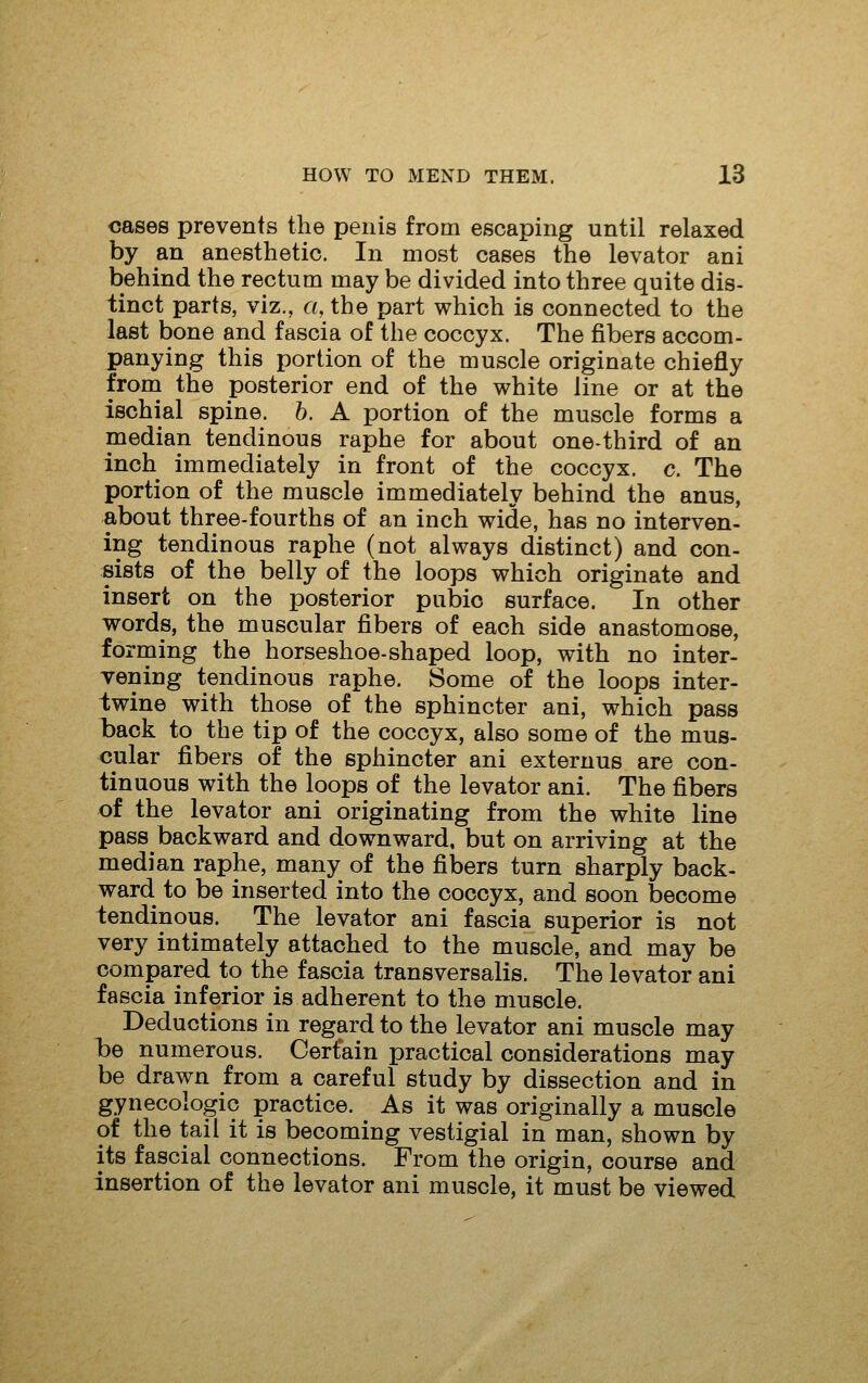 cases prevents the penis from escaping until relaxed by an anesthetic. In most cases the levator ani behind the rectum may be divided into three quite dis- tinct parts, viz., a, the part which is connected to the last bone and fascia of the coccyx. The fibers accom- panying this portion of the muscle originate chiefly from the posterior end of the white line or at the ischial spine, h. A portion of the muscle forms a median tendinous raphe for about one-third of an inch immediately in front of the coccyx, c. The portion of the muscle immediately behind the anus, about three-fourths of an inch wide, has no interven- ing tendinous raphe (not always distinct) and con- sists of the belly of the loops which originate and insert on the posterior pubic surface. In other words, the muscular fibers of each side anastomose, forming the horseshoe-shaped loop, with no inter- vening tendinous raphe. Some of the loops inter- twine with those of the sphincter ani, which pass back to the tip of the coccyx, also some of the mus- cular fibers of the sphincter ani externus are con- tinuous with the loops of the levator ani. The fibers of the levator ani originating from the white line pass backward and downward, but on arriving at the median raphe, many of the fibers turn sharply back- ward to be inserted into the coccyx, and soon become tendinous. The levator ani fascia superior is not very intimately attached to the muscle, and may be compared to the fascia transversalis. The levator ani fascia inferior is adherent to the muscle. Deductions in regard to the levator ani muscle may be numerous. Certain practical considerations may be drawn from a careful study by dissection and in gynecologic practice. As it was originally a muscle of the tail it is becoming vestigial in man, shown by its fascial connections. From the origin, course and insertion of the levator ani muscle, it must be viewed