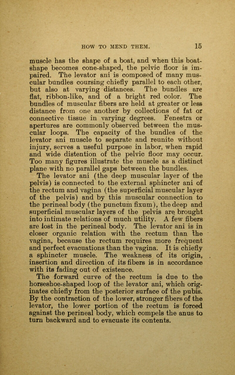 muscle has the shape of a boat, and when this boat- shape becomes cone-shaped, the pelvic floor is im- paired. The levator ani is composed of many mus- cular bundles coursing chiefly parallel to each other, but also at varying distances. The bundles are flat, ribbon-like, and of a bright red color. The bundles of muscular fibers are held at greater or less distance from one another by collections of fat or connective tissue in varying degrees. Fenestra or apertures are commonly observed between the mus- cular loops. The capacity of the bundles of the levator ani muscle to separate and reunite without injury, serves a useful purpose in labor, when rapid and wide distention of the pelvic floor may occur. Too many figures illustrate the muscle as a distinct plane with no parallel gaps between the bundles. The levator ani (the deep muscular layer of the pelvis) is connected to the external sphincter ani of the rectum and vagina (the superficial muscular layer of the pelvis) and by this muscular connection to the perineal body (the punctum fixum), the deep and superficial muscular layers of the pelvis are brought into intimate relations of much utility. A few fibers are lost in the perineal body. The levator ani is in closer organic relation with the rectum than Ihe vagina, because the rectum requires more frequent and perfect evacuations than the vagina. It is chiefly a sphincter muscle. The weakness of its origin, insertion and direction of its fibers is in accordance with its fading out of existence. The forward curve of the rectum is due to the horseshoe-shaped loop of the levator ani, which orig- inates chiefly from the posterior surface of the pubis. By the contraction of the lower, stronger fibers of the levator, the lower portion of the rectum is forced against the perineal body, which compels the anus to turn backward and to evacuate its contents.